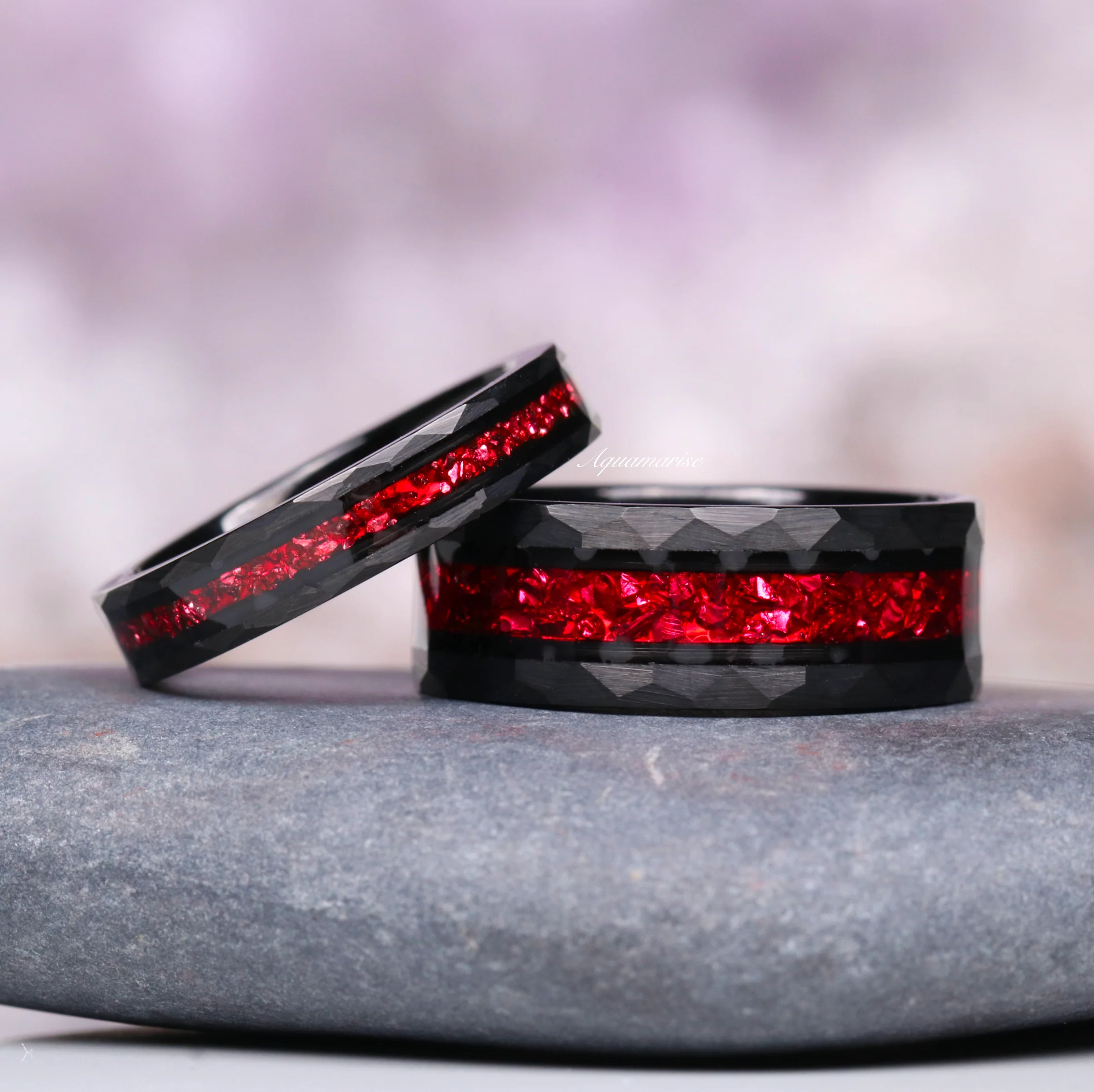 Crushed Red Garnet Wedding Band- 4MM Black Tungsten - Image 2