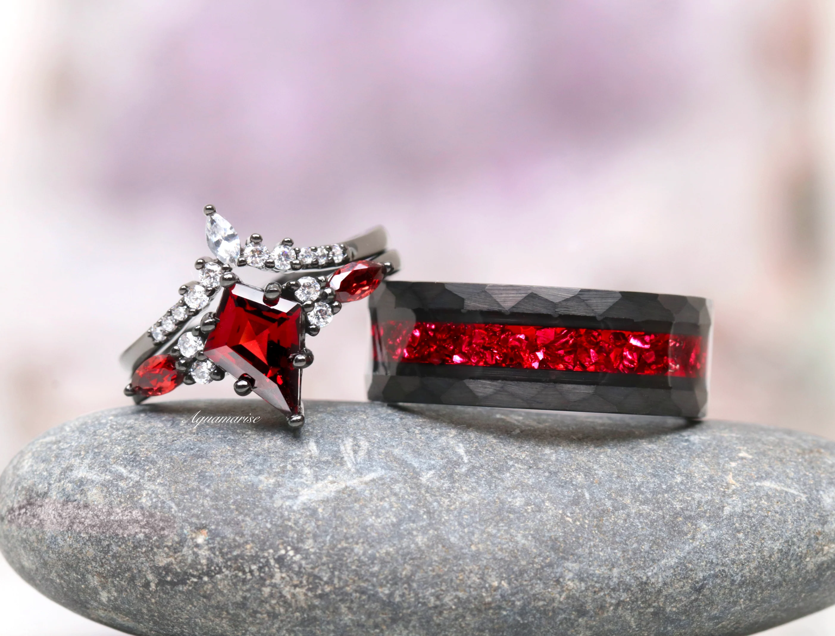 Crushed Red Garnet Hammered Wedding Band in Black Tungsten Carbide (8mm) - Image 2