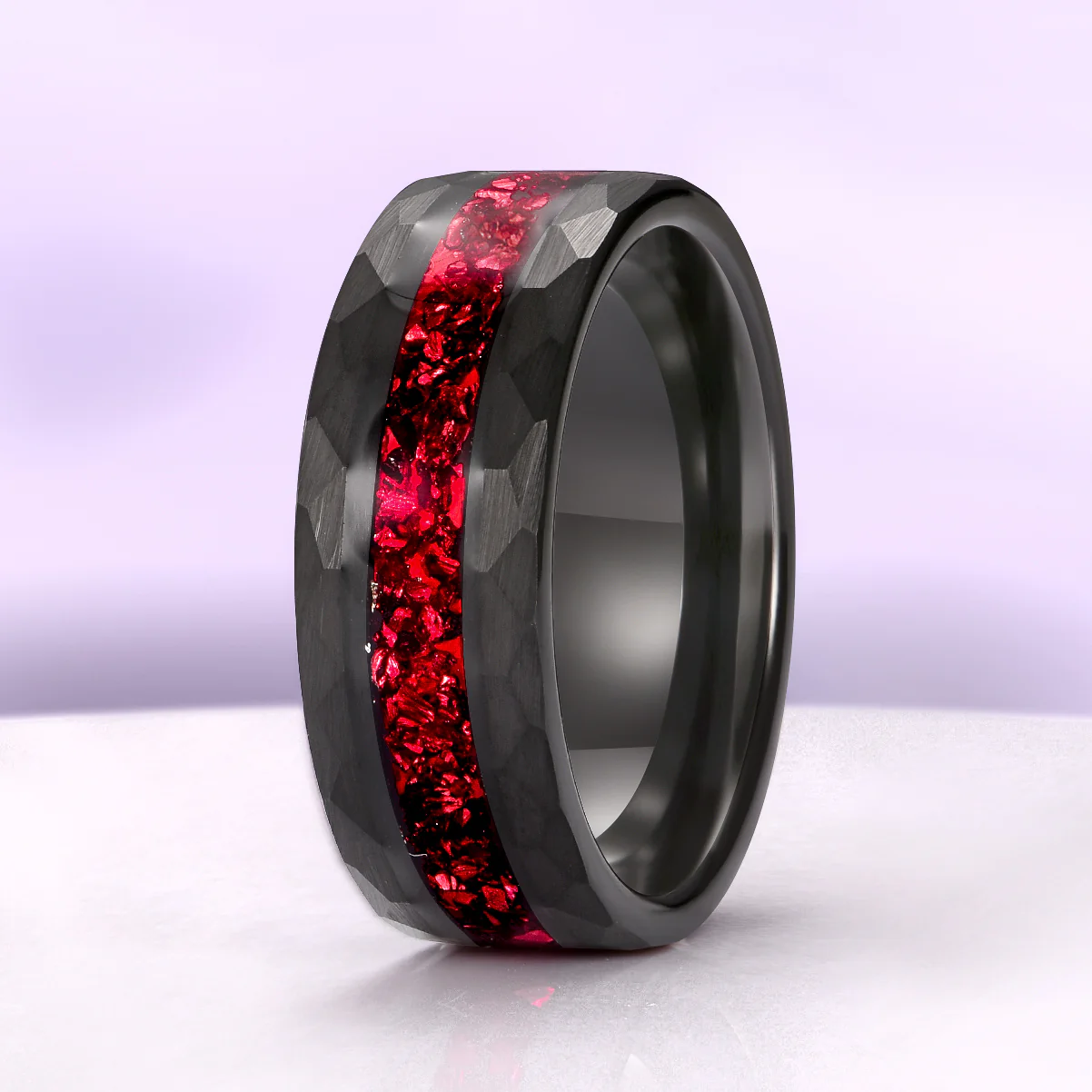 Crushed Red Garnet Hammered Wedding Band in Black Tungsten Carbide (8mm) - Image 7