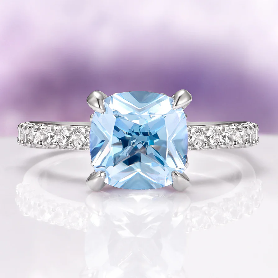 Cushion Cut Aquamarine Ring in Sterling Silver (Hidden Halo)