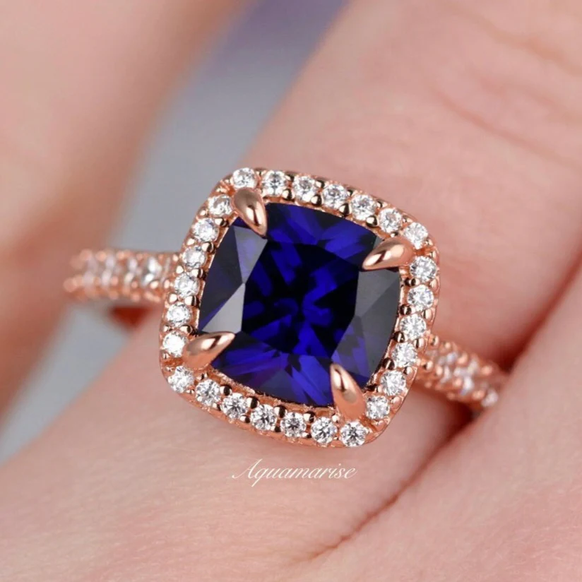 Belle Cushion Blue Sapphire Ring in 14K Rose Gold Vermeil - Image 4