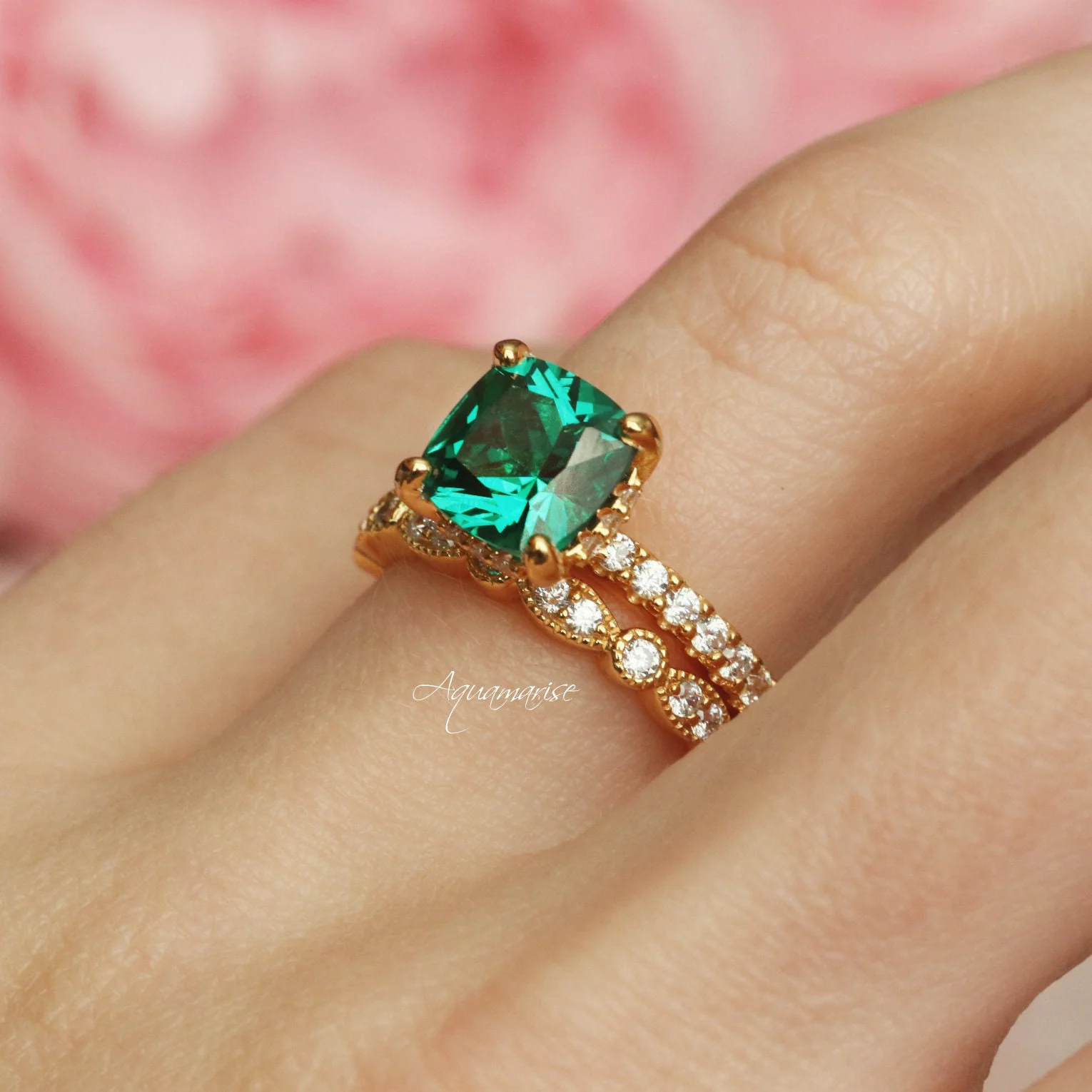 Cushion Cut Emerald Engagement Ring in 14K Solid Yellow Gold (Hidden Halo) - Image 3