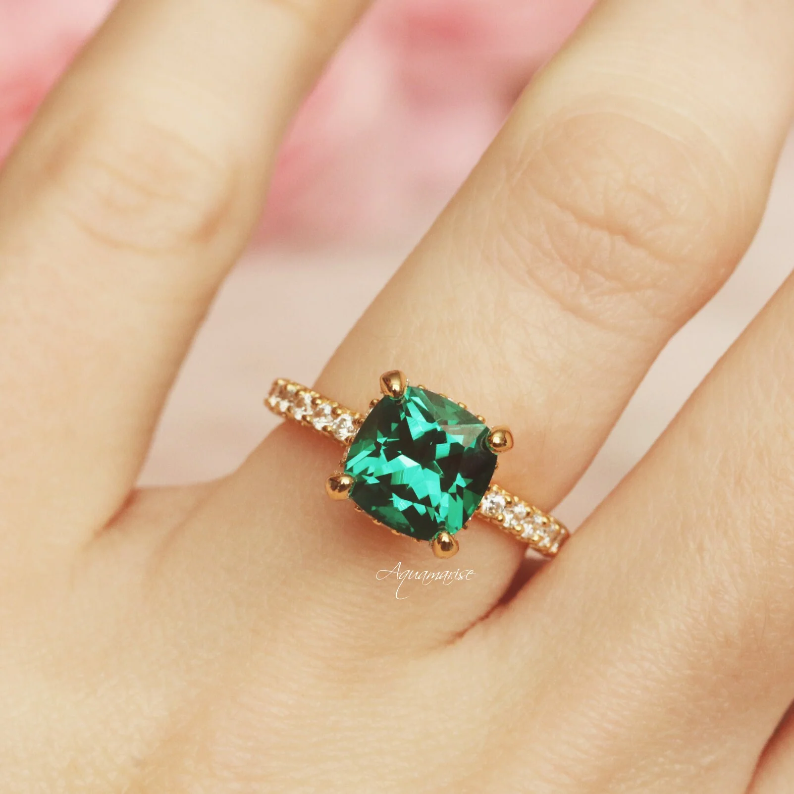 Cushion Cut Emerald Engagement Ring in 14K Solid Yellow Gold (Hidden Halo) - Image 4