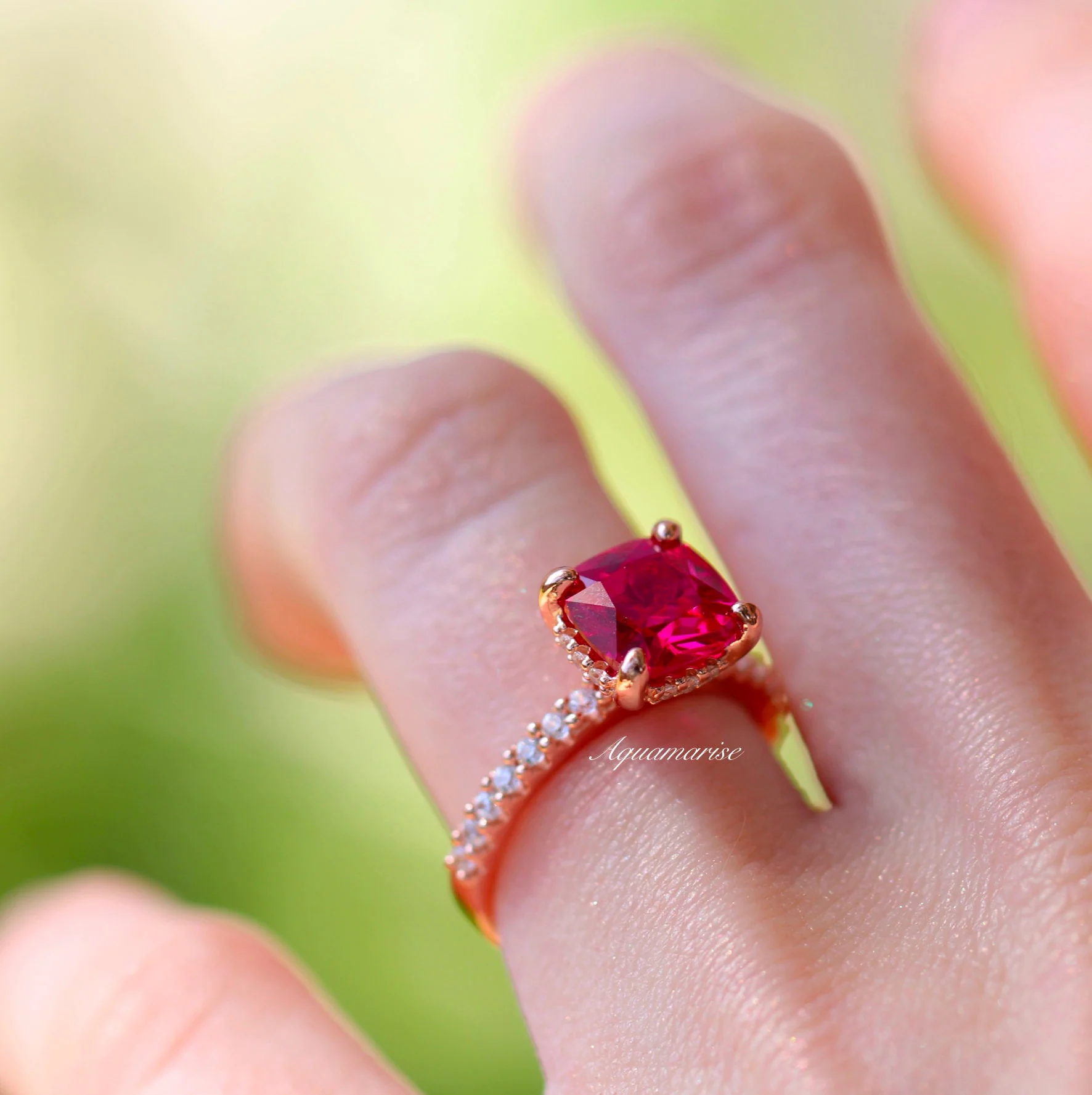 Hidden Halo Cushion Cut Ruby Ring in 14K Rose Gold Vermeil - Image 4