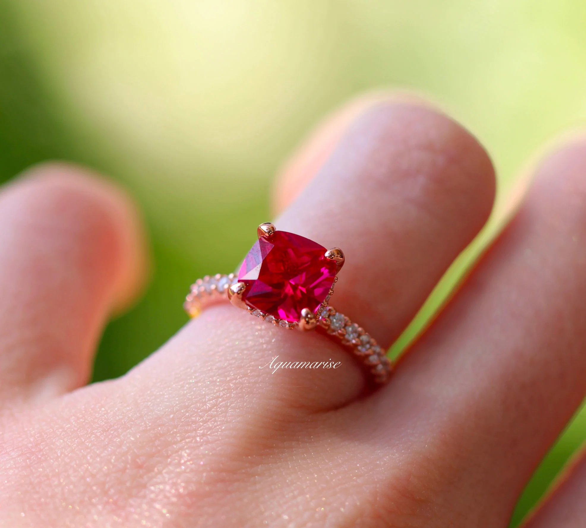 Hidden Halo Cushion Cut Ruby Ring in 14K Rose Gold Vermeil - Image 5