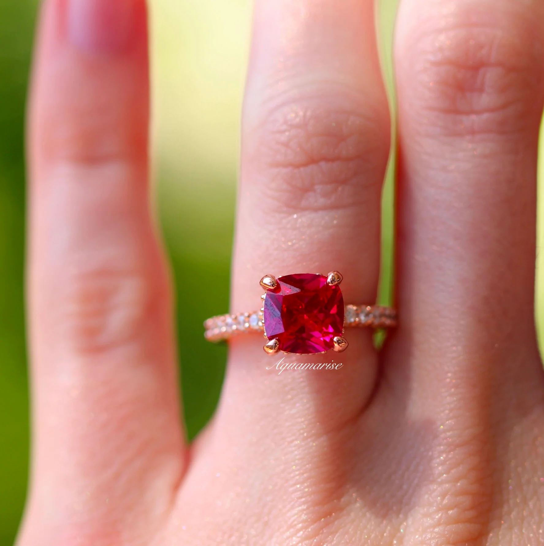 Hidden Halo Cushion Cut Ruby Ring in 14K Rose Gold Vermeil - Image 6