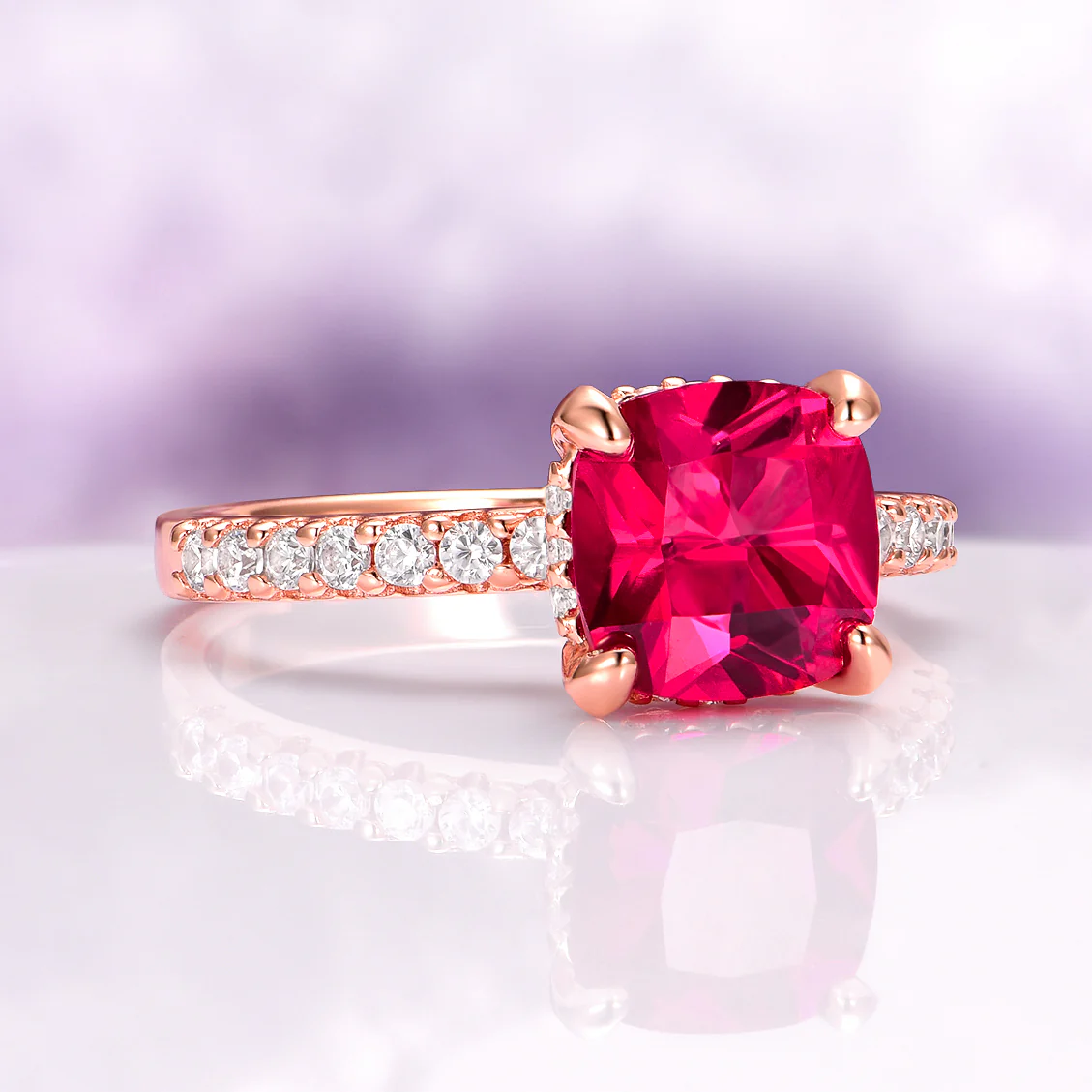 Hidden Halo Cushion Cut Ruby Ring in 14K Rose Gold Vermeil - Image 7