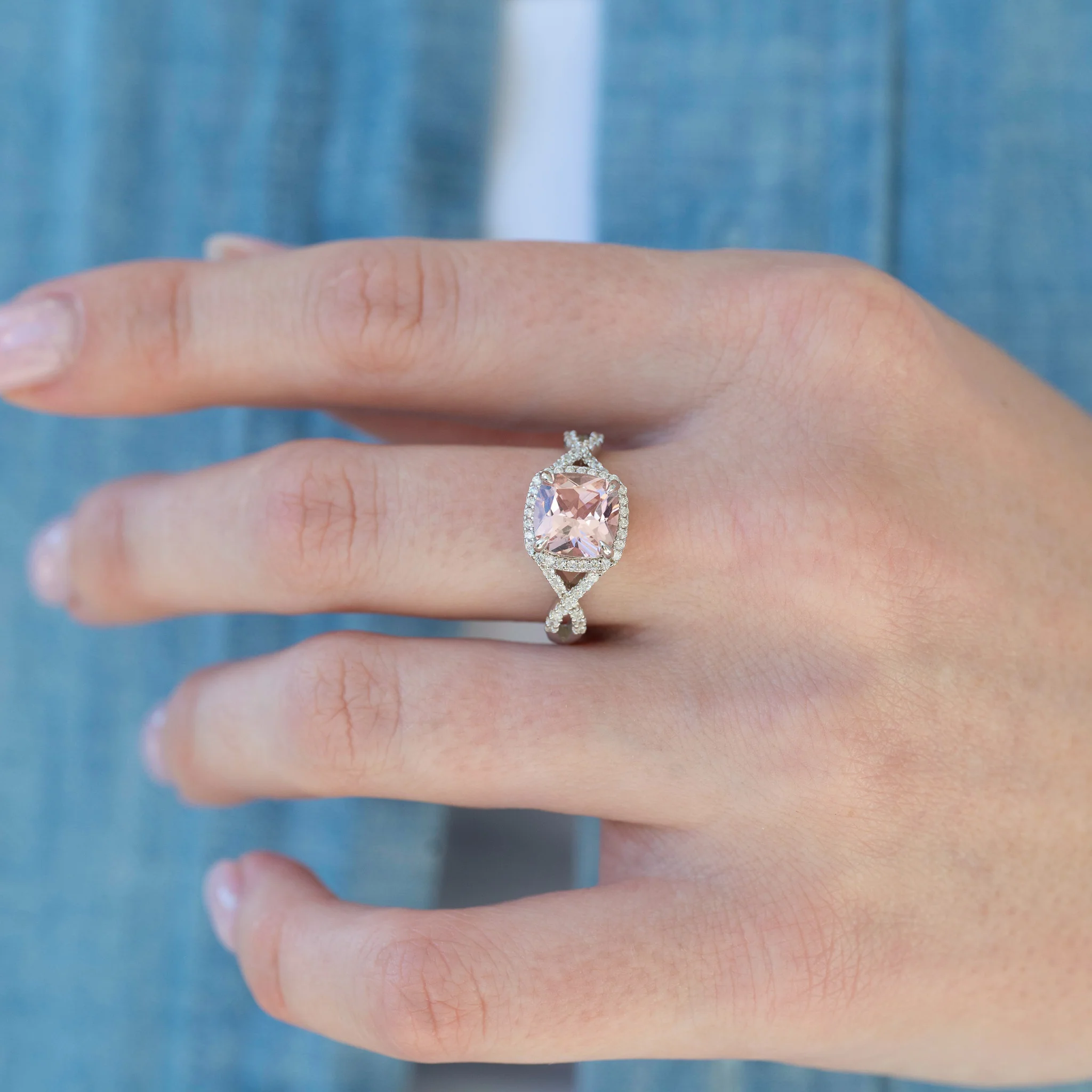Flair Cushion Cut Morganite Twisted Engagement Ring in Sterling Silver - Image 4