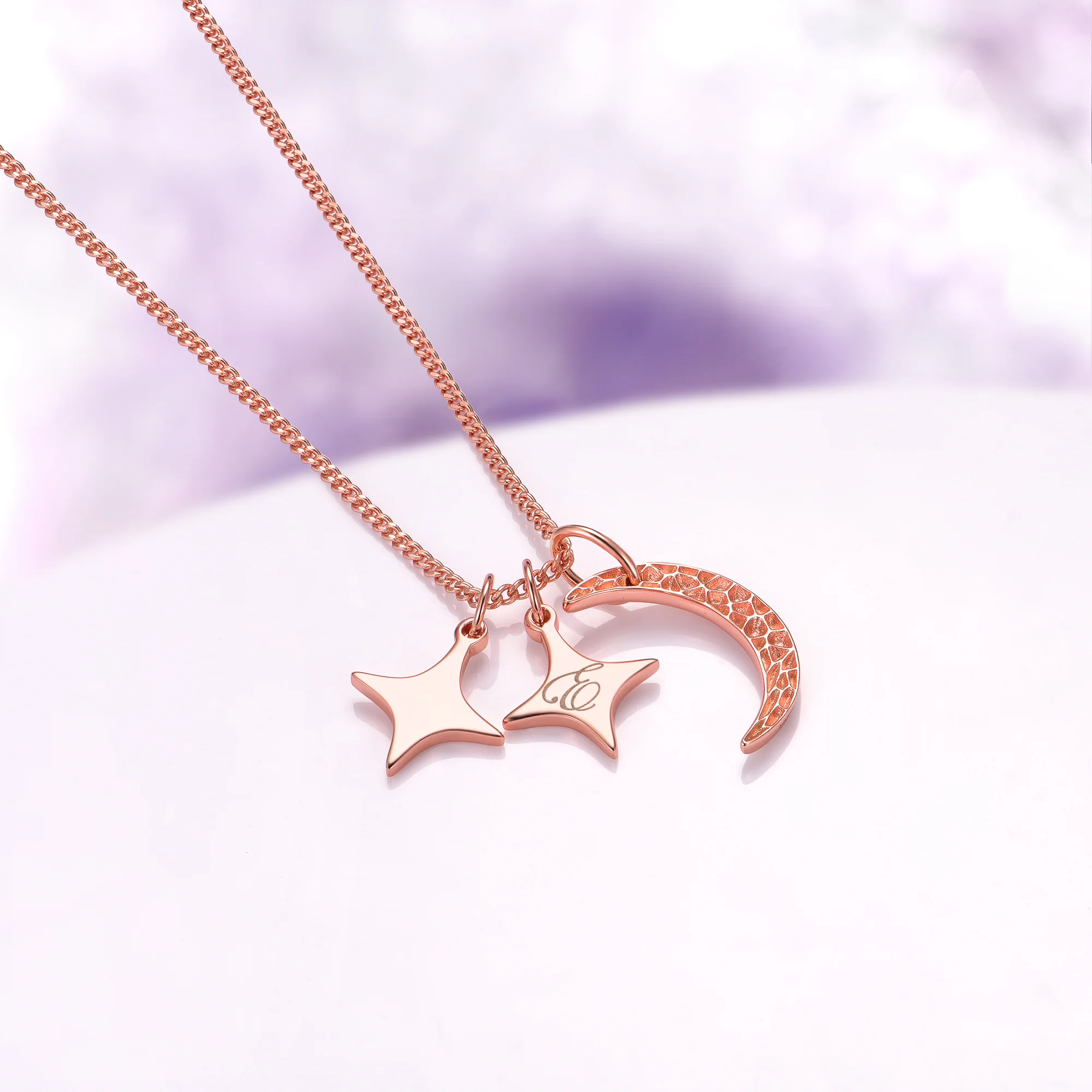 Custom Initial Necklace with Moon and Stars in 14K Rose Gold Vermeil - Image 2