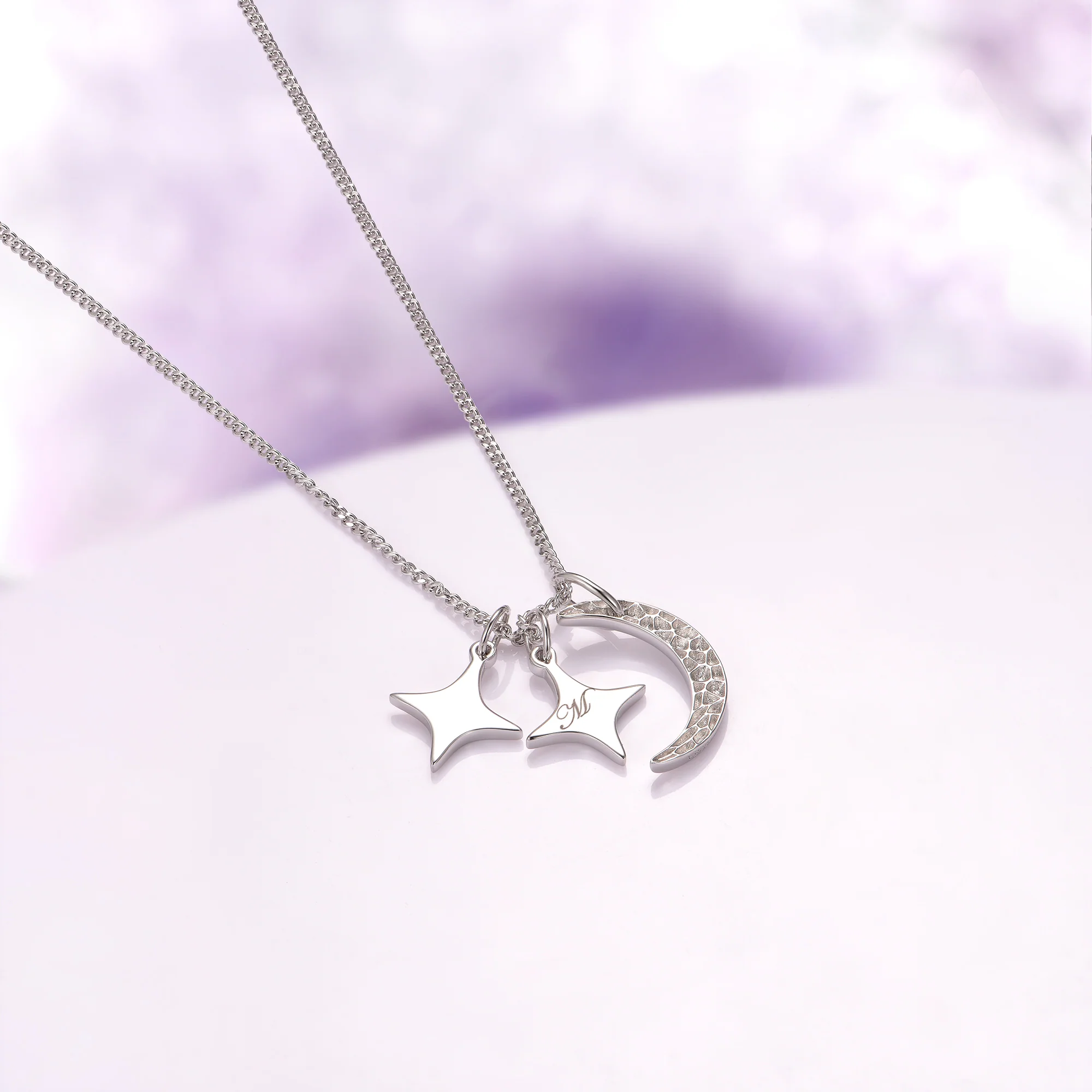 Custom Initial Necklace with Moon and Stars in Sterling Silver - Image 2