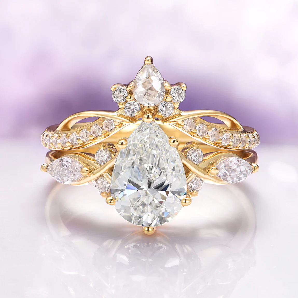 Diamond Crown Wedding Band- 14K Solid Yellow Gold - Image 3