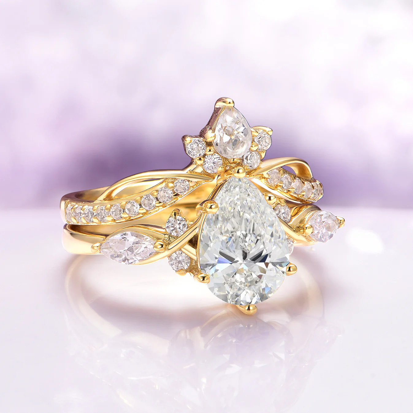 Diamond Crown Wedding Band- 14K Solid Yellow Gold - Image 4