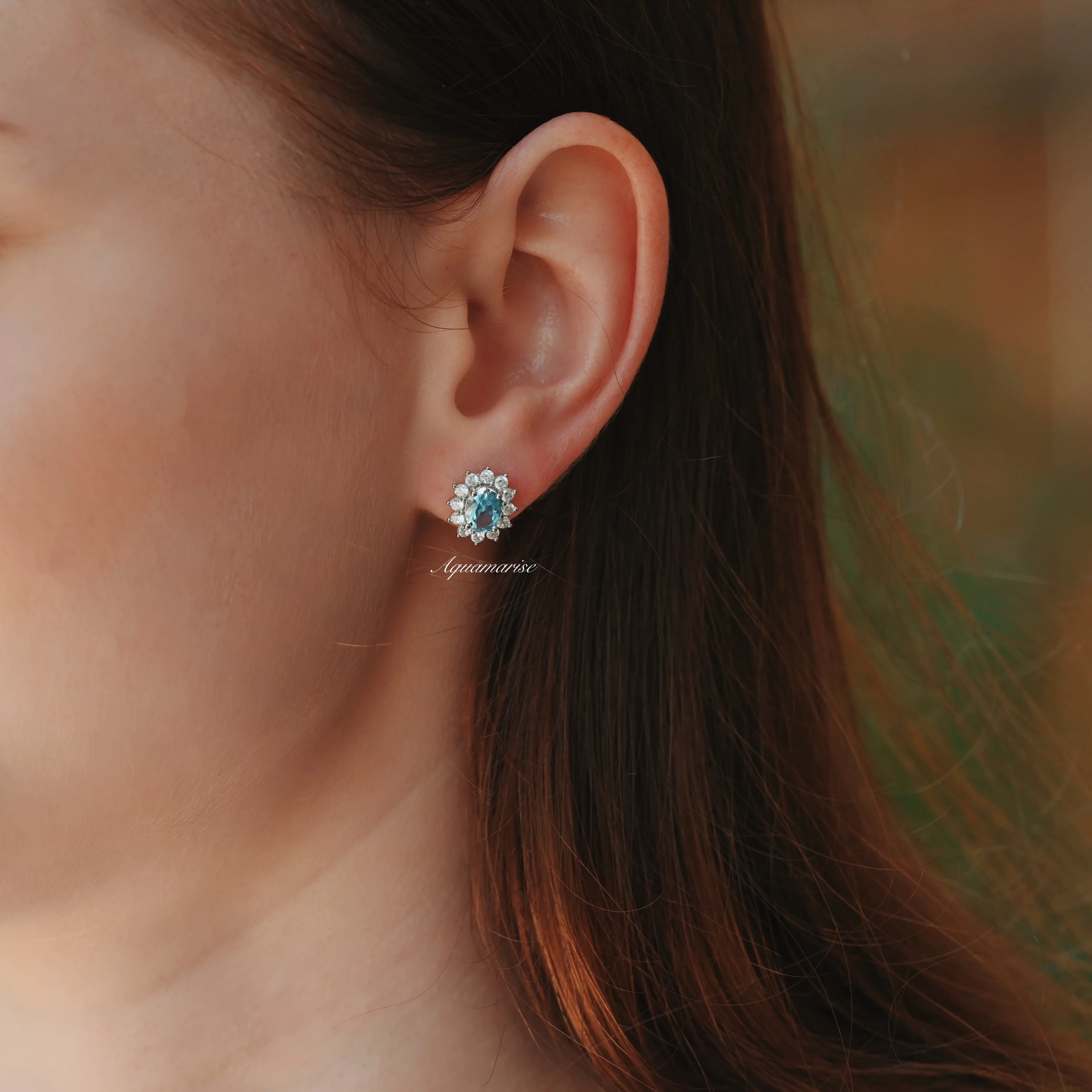 Diana Halo Oval Aquamarine Stud Earrings in Sterling Silver - Image 2