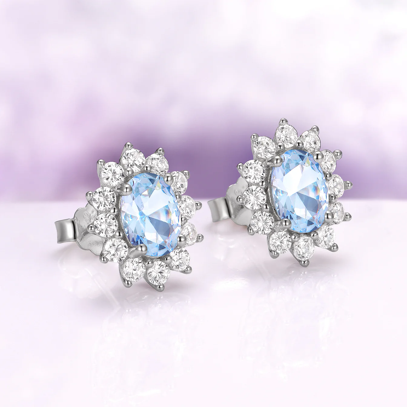 Diana Halo Oval Aquamarine Stud Earrings in Sterling Silver - Image 3