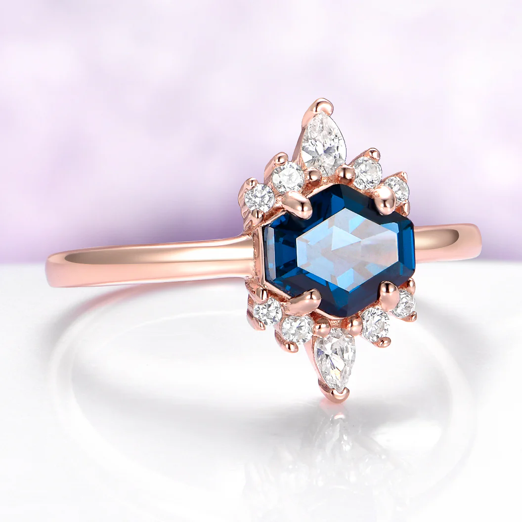 East-West Hexagon London Blue Topaz Ring in Rose Gold Vermeil - Image 3
