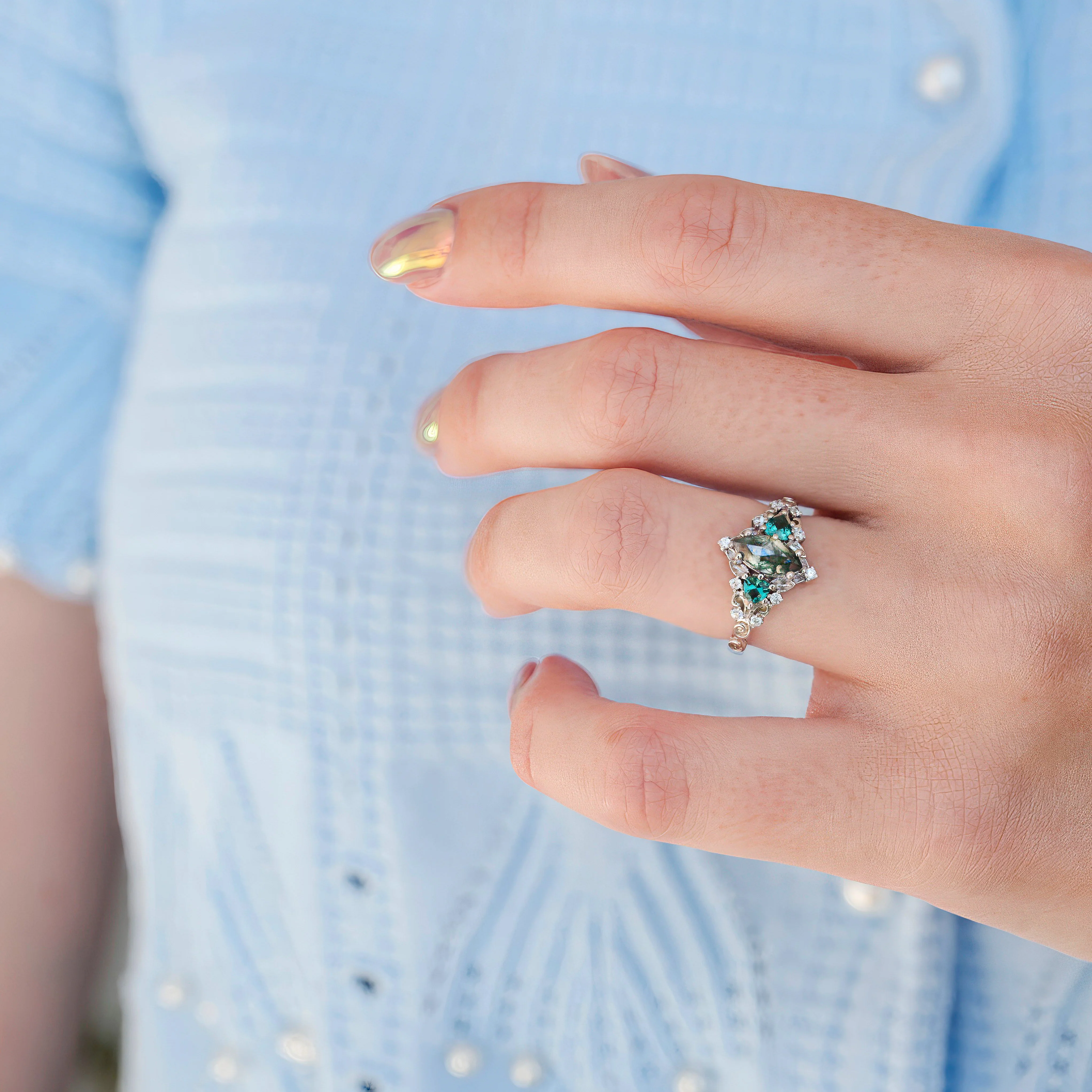 Elain Moss Agate & Teal Sapphire Leaf Ring- Sterling Silver - Image 2