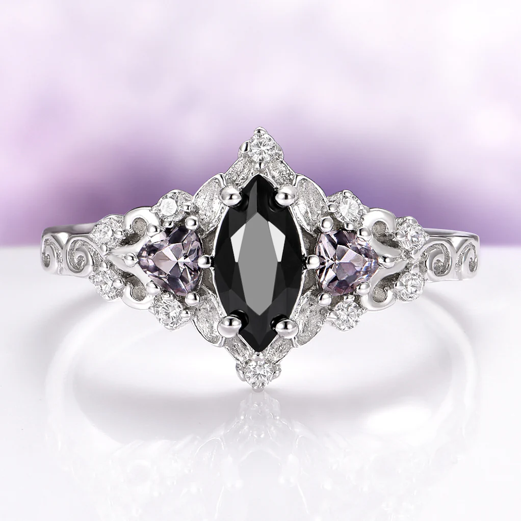 Elain Black Onyx Dark Fairy Leaf Ring in Sterling Silver