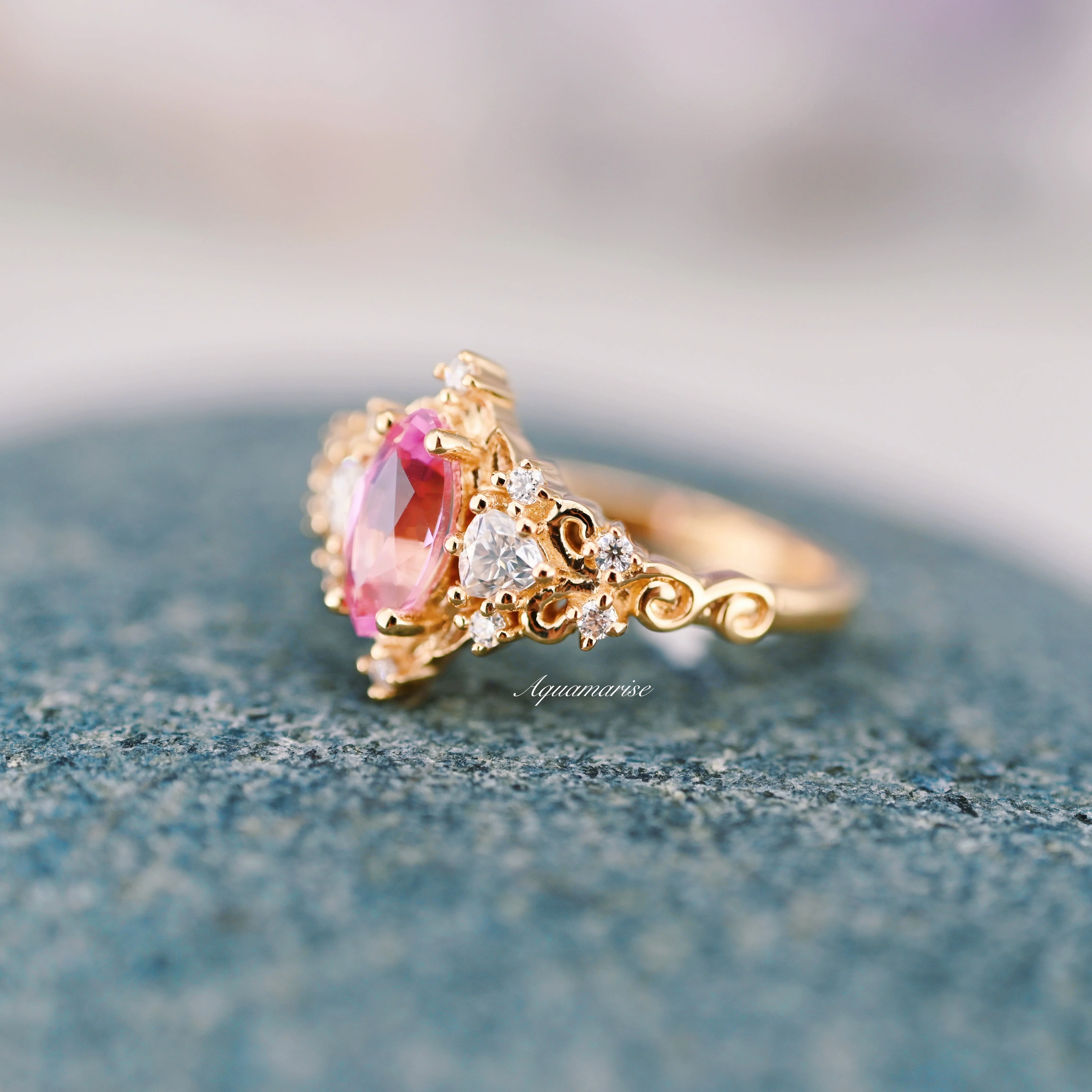 Elain Marquise Pink Sapphire Fairy Leaf Engagement Ring in 14K Solid Yellow Gold - Image 2