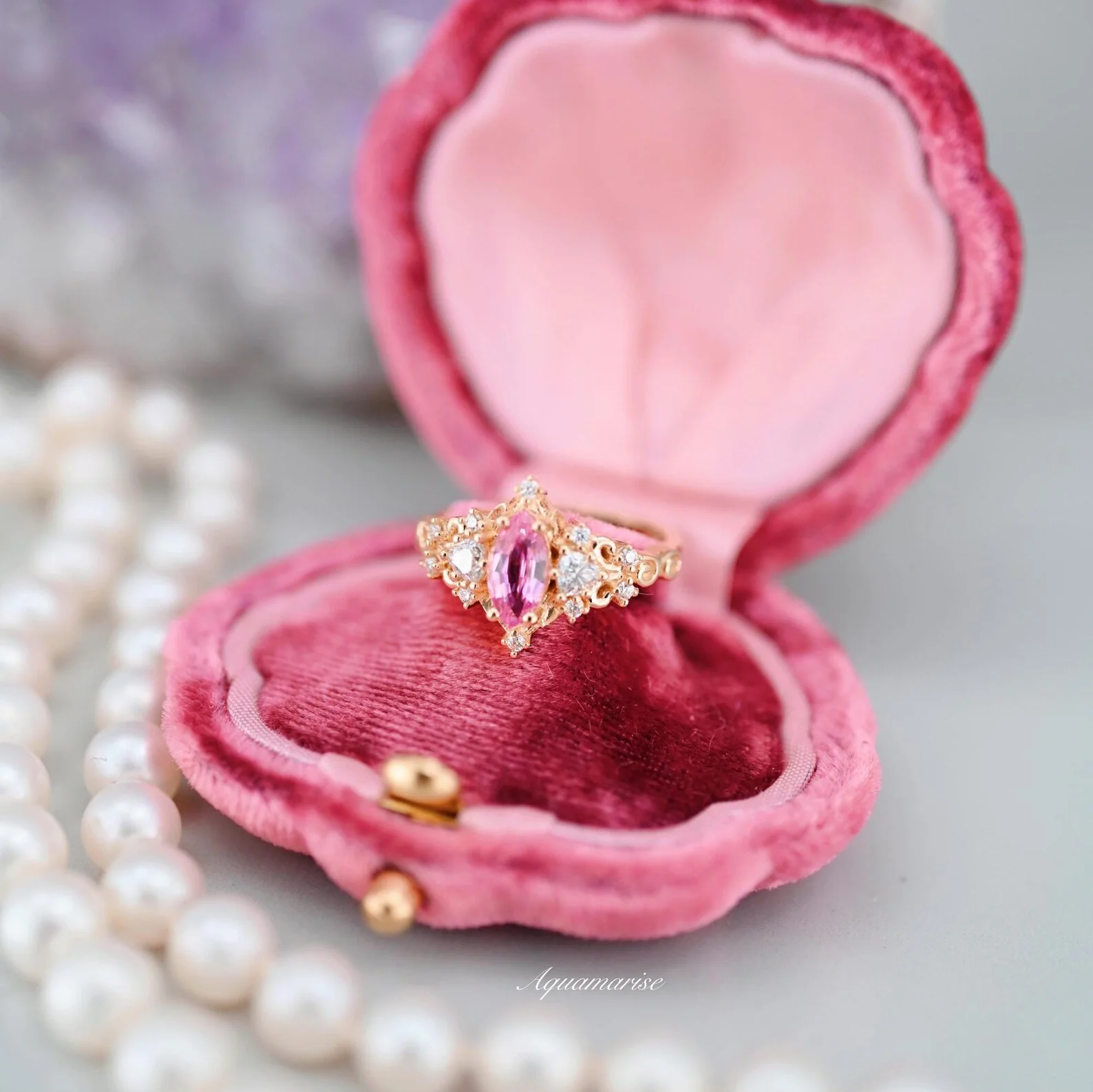 Elain Marquise Pink Sapphire Fairy Leaf Engagement Ring in 14K Solid Yellow Gold - Image 4