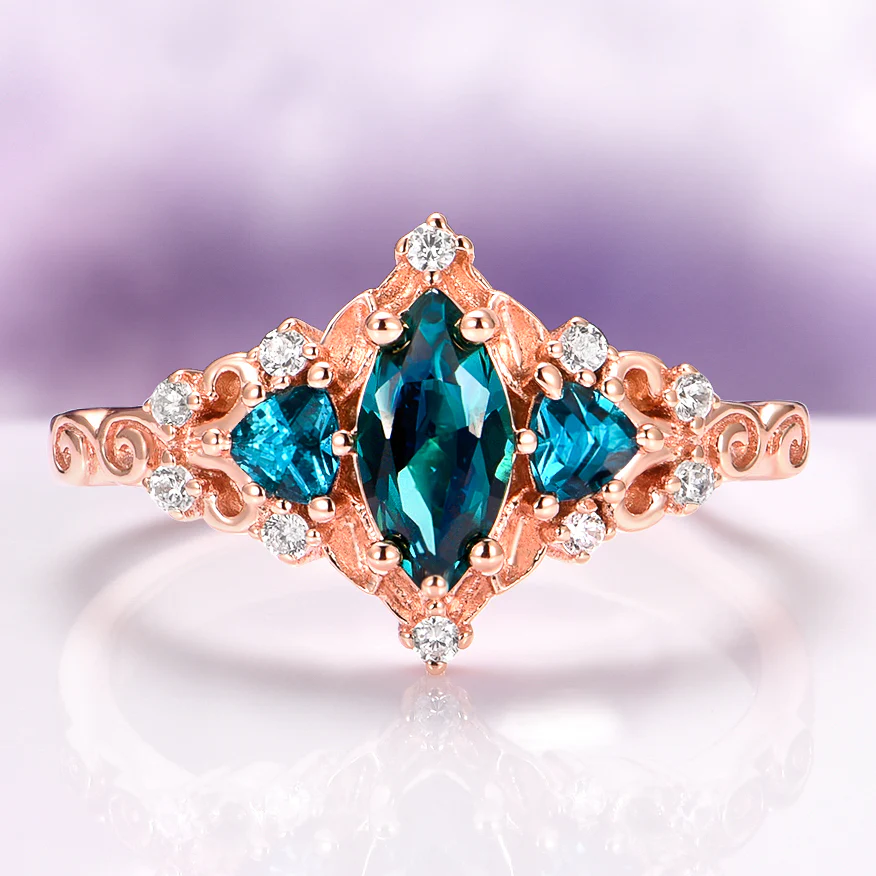 Elain Teal Sapphire Fairy Engagement Ring in 14K Solid Rose Gold