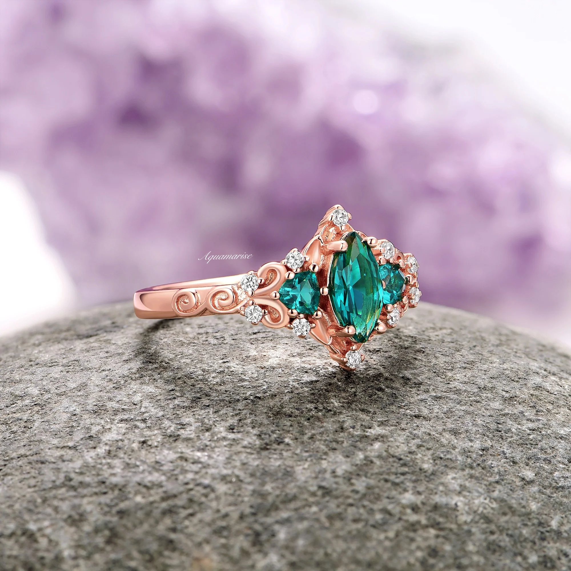 Elain Teal Sapphire Fairy Engagement Ring in 14K Solid Rose Gold - Image 6