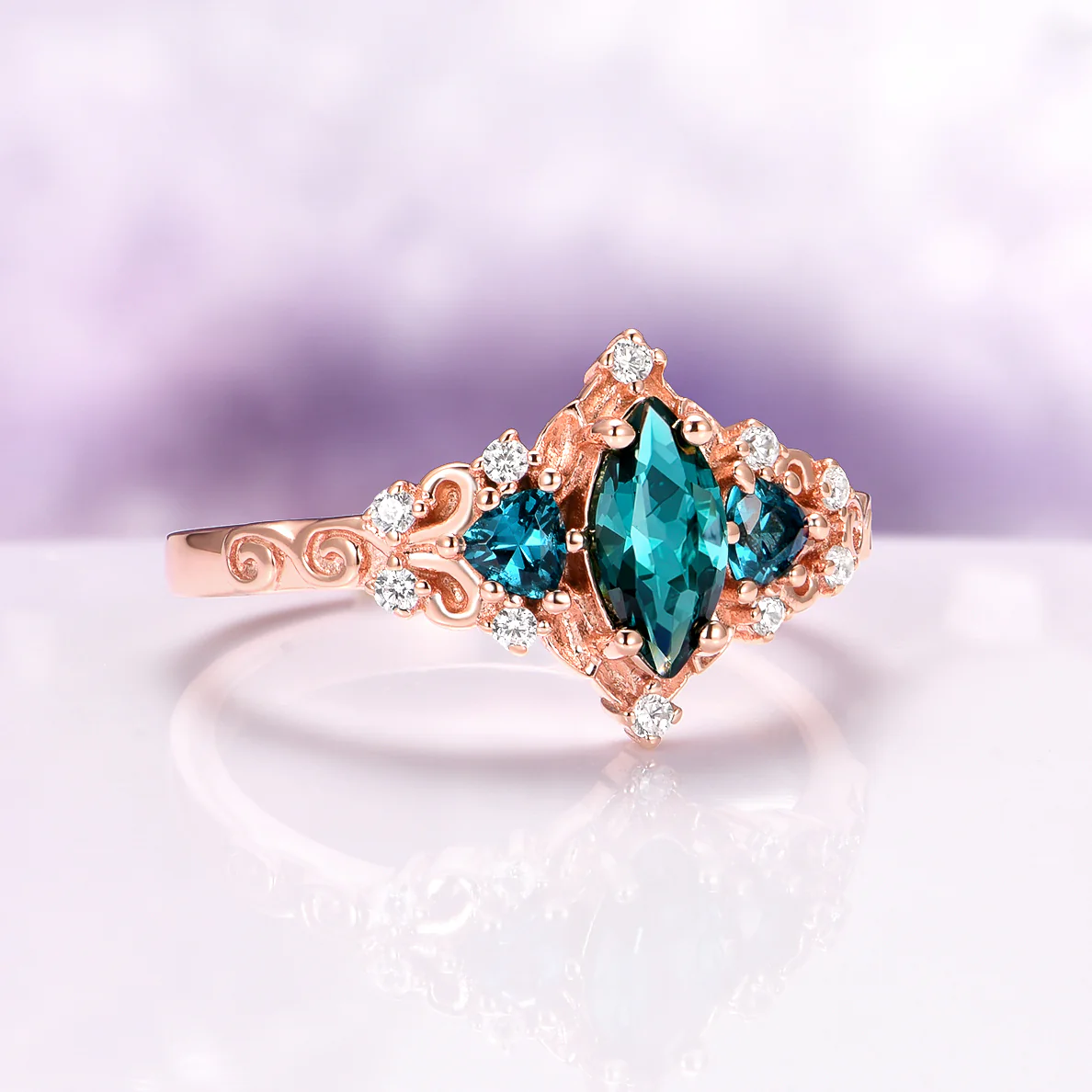 Elain Teal Sapphire Fairy Engagement Ring in 14K Solid Rose Gold - Image 7