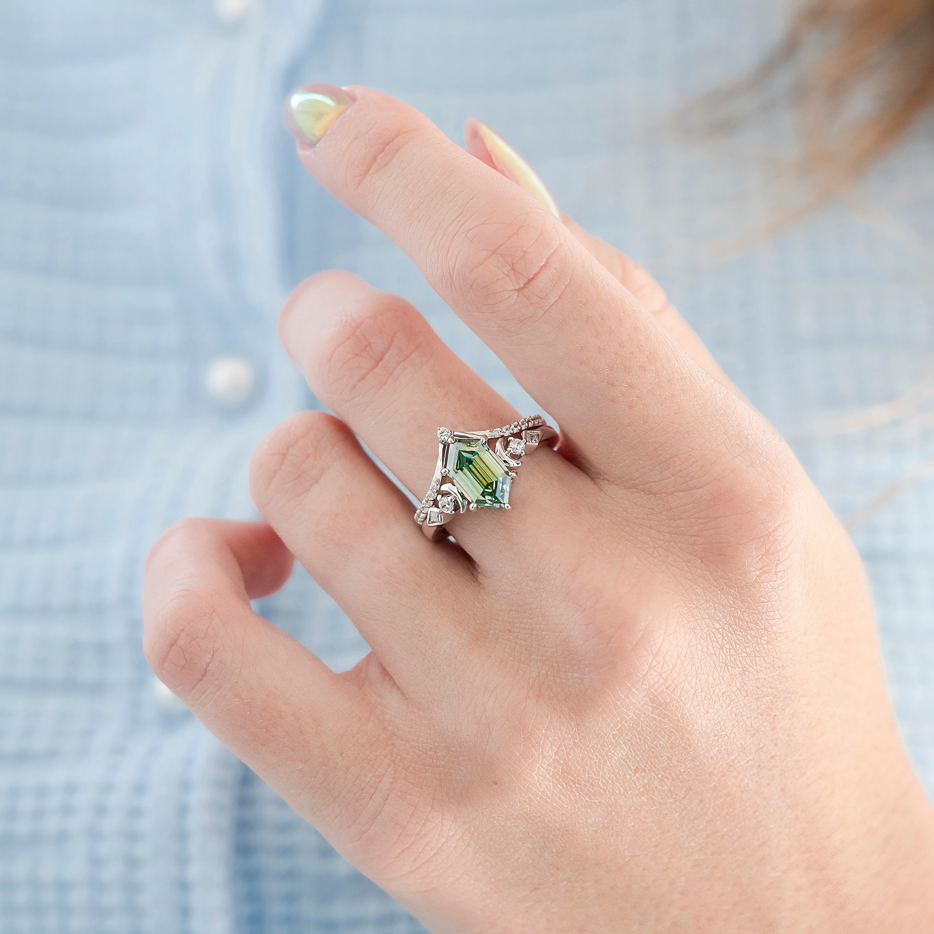 Elara Hexagon Pacific Green Moissanite & Crescent Moon Ring Set in Sterling Silver - Image 5