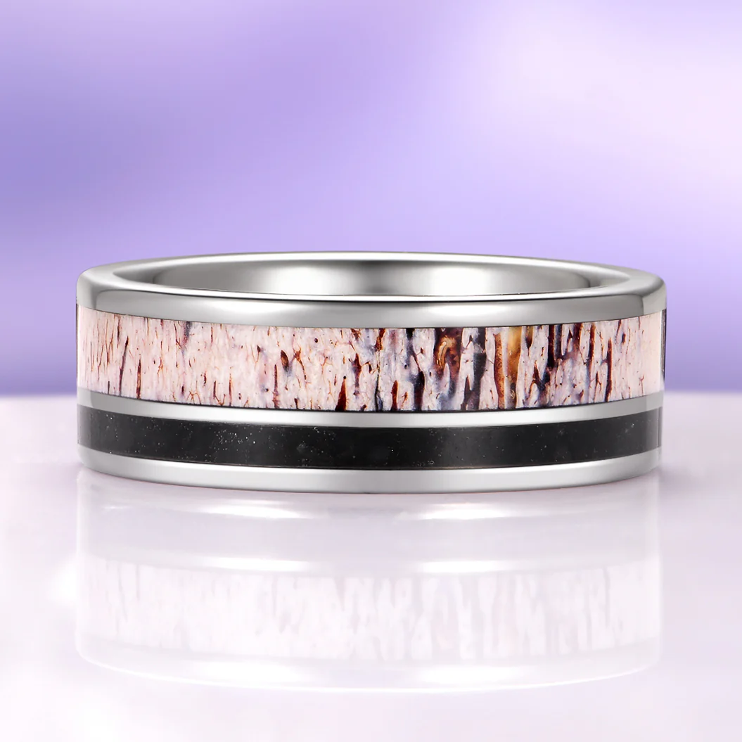 Elk Antler & Black Obsidian Tungsten Carbide Wedding Band (8mm) - Image 3