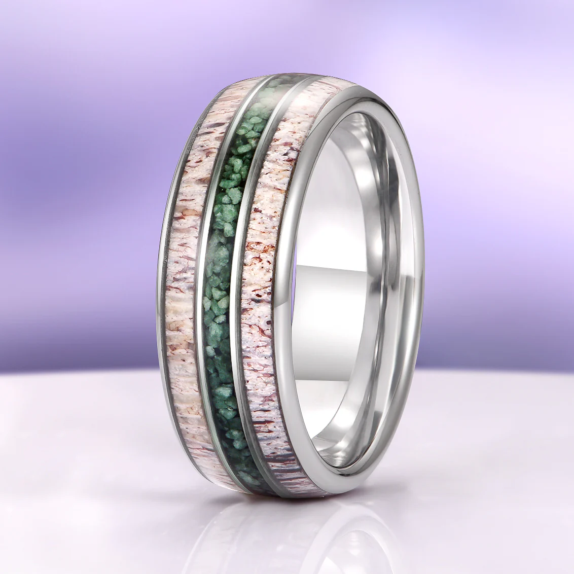 Elk Antler & Moss Agate Tungsten Carbide Wedding Band (8mm)