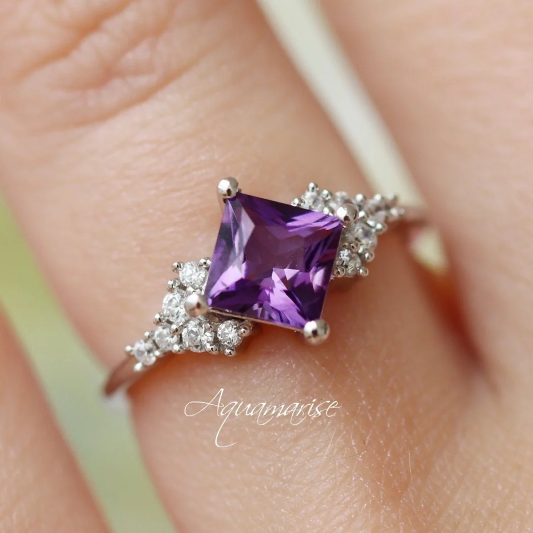 Ellie Princess Cut Amethyst Engagement Ring in 14K White Gold - Image 3