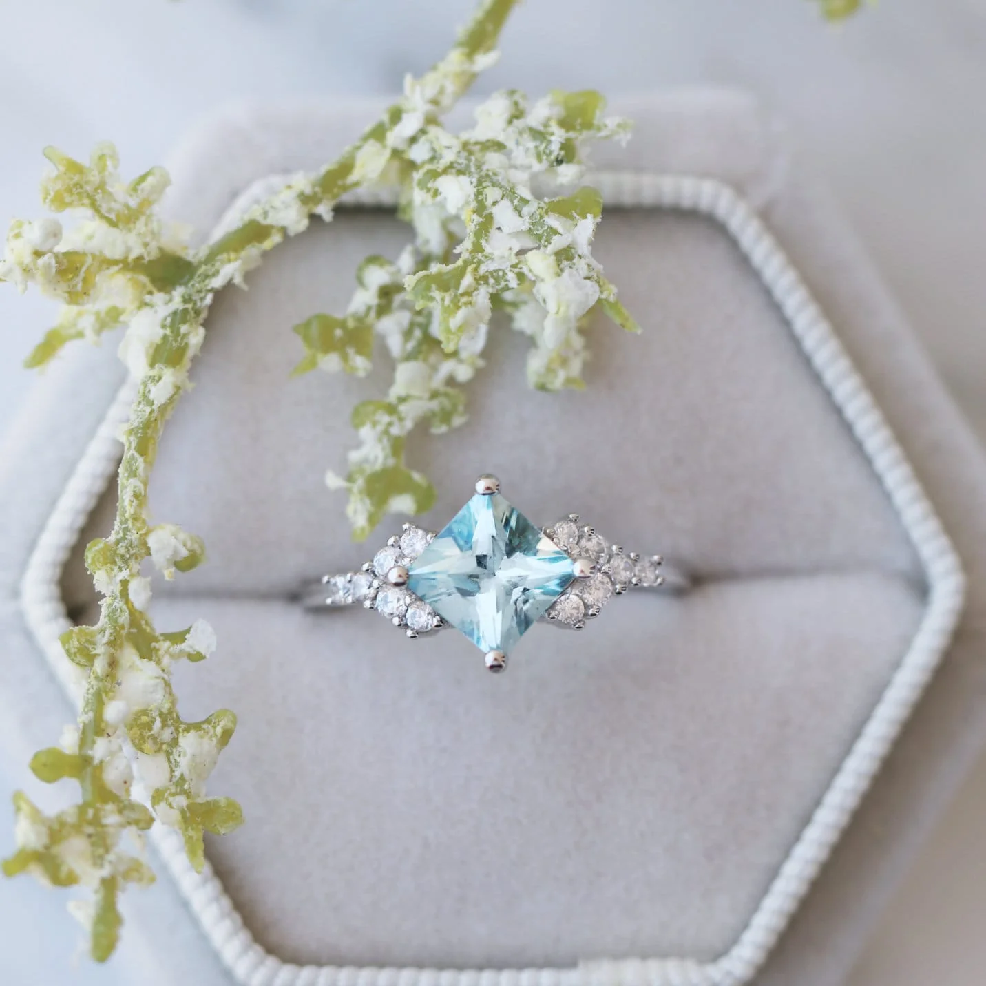 Ellie Princess Cut Aquamarine Engagement Ring in 14K White Gold - Image 2