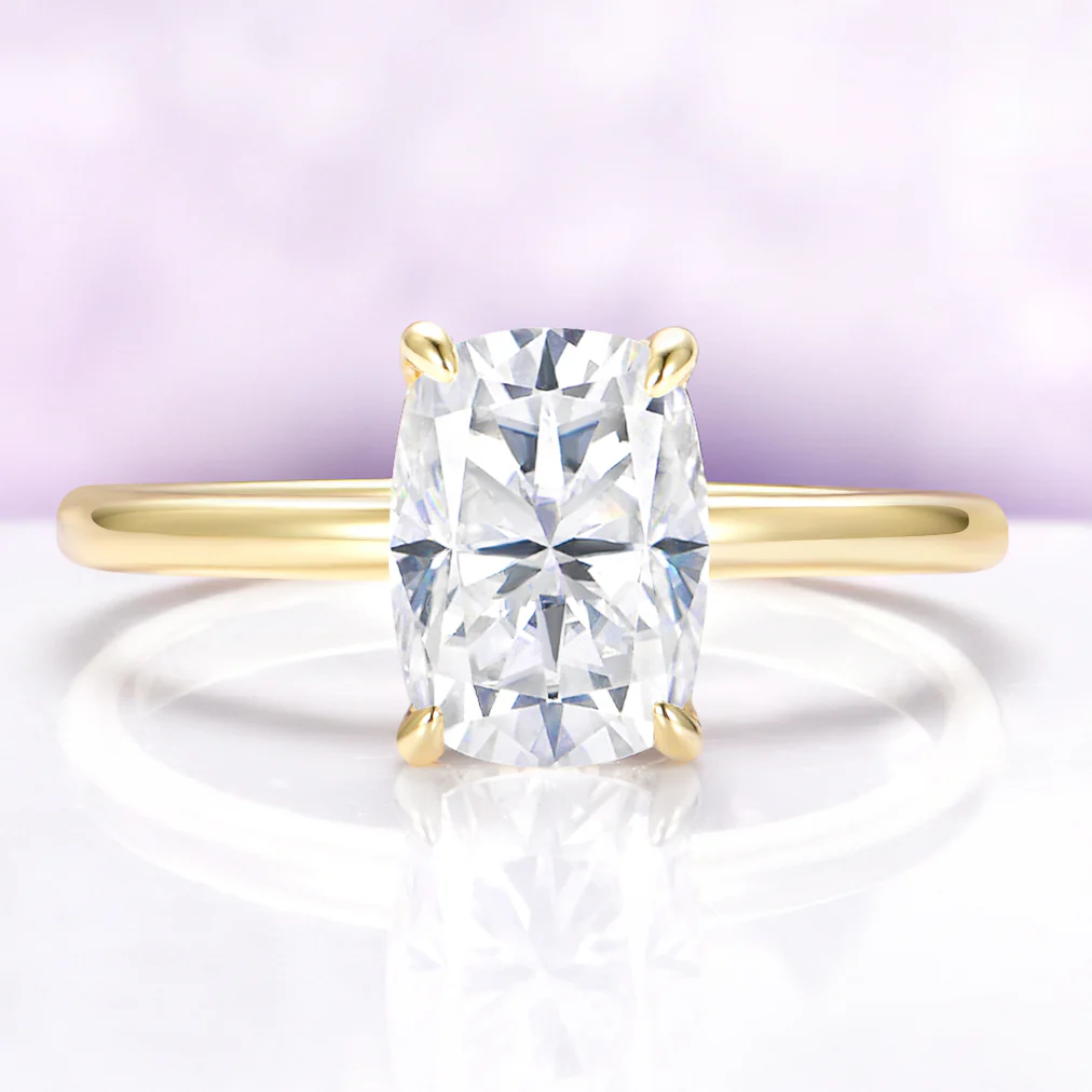 Elongated Cushion Moissanite Engagement Ring in Solid 14K Yellow Gold