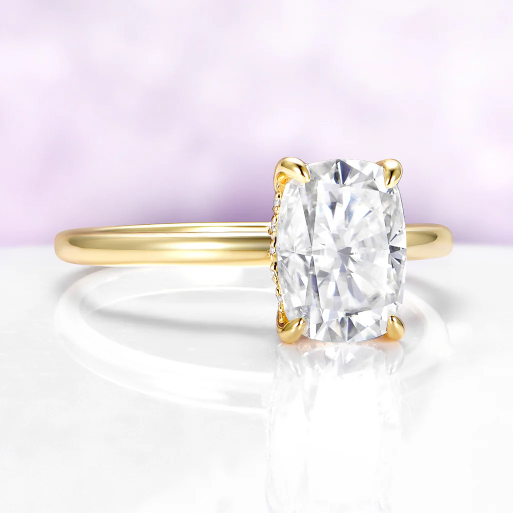 Elongated Cushion Moissanite Engagement Ring in Solid 14K Yellow Gold - Image 6