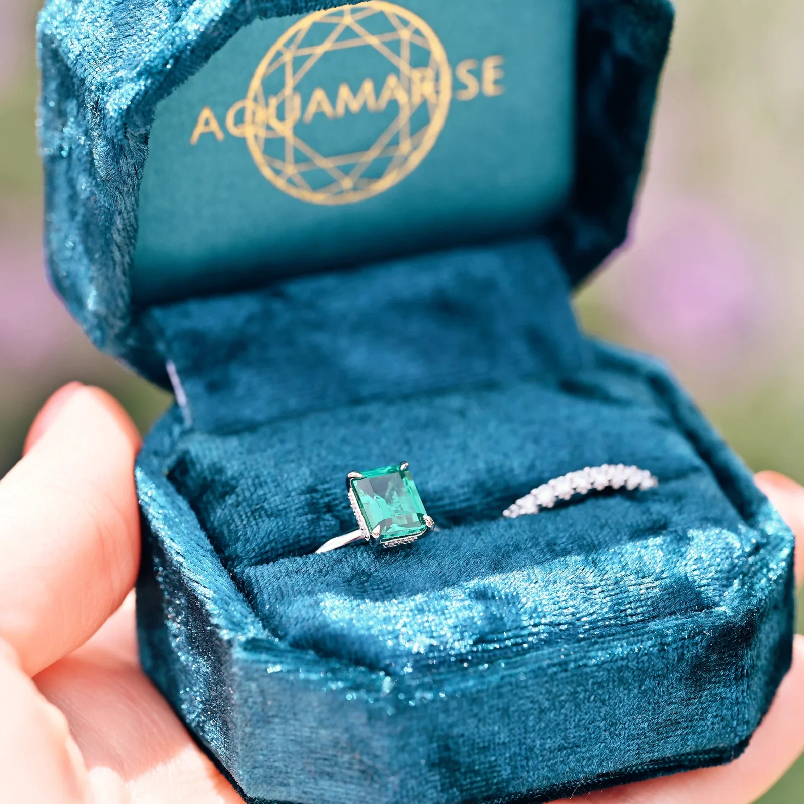 Emerald Engagement Ring in 14K White Gold (Hidden Halo) - Image 2