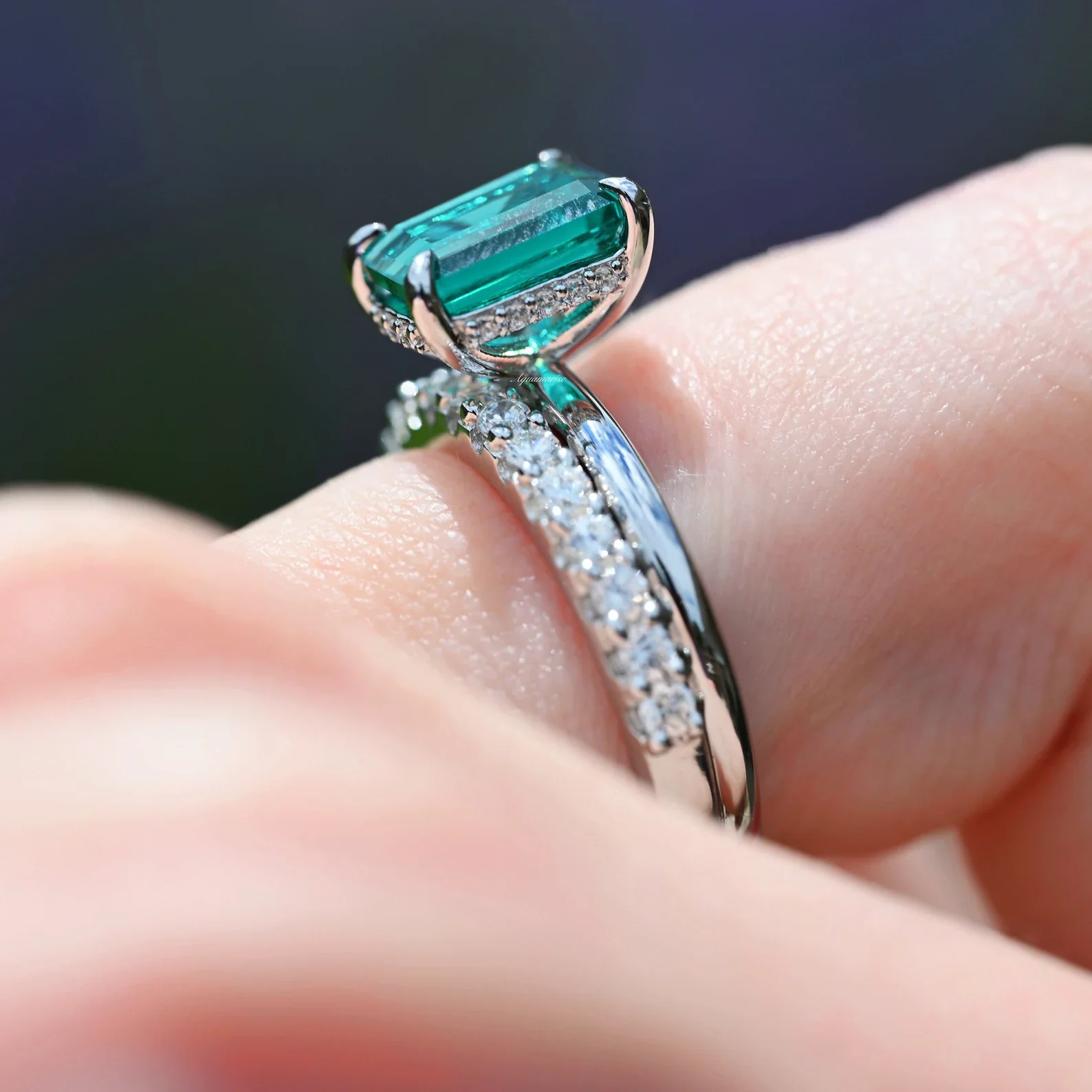 Emerald Engagement Ring in 14K White Gold (Hidden Halo) - Image 4