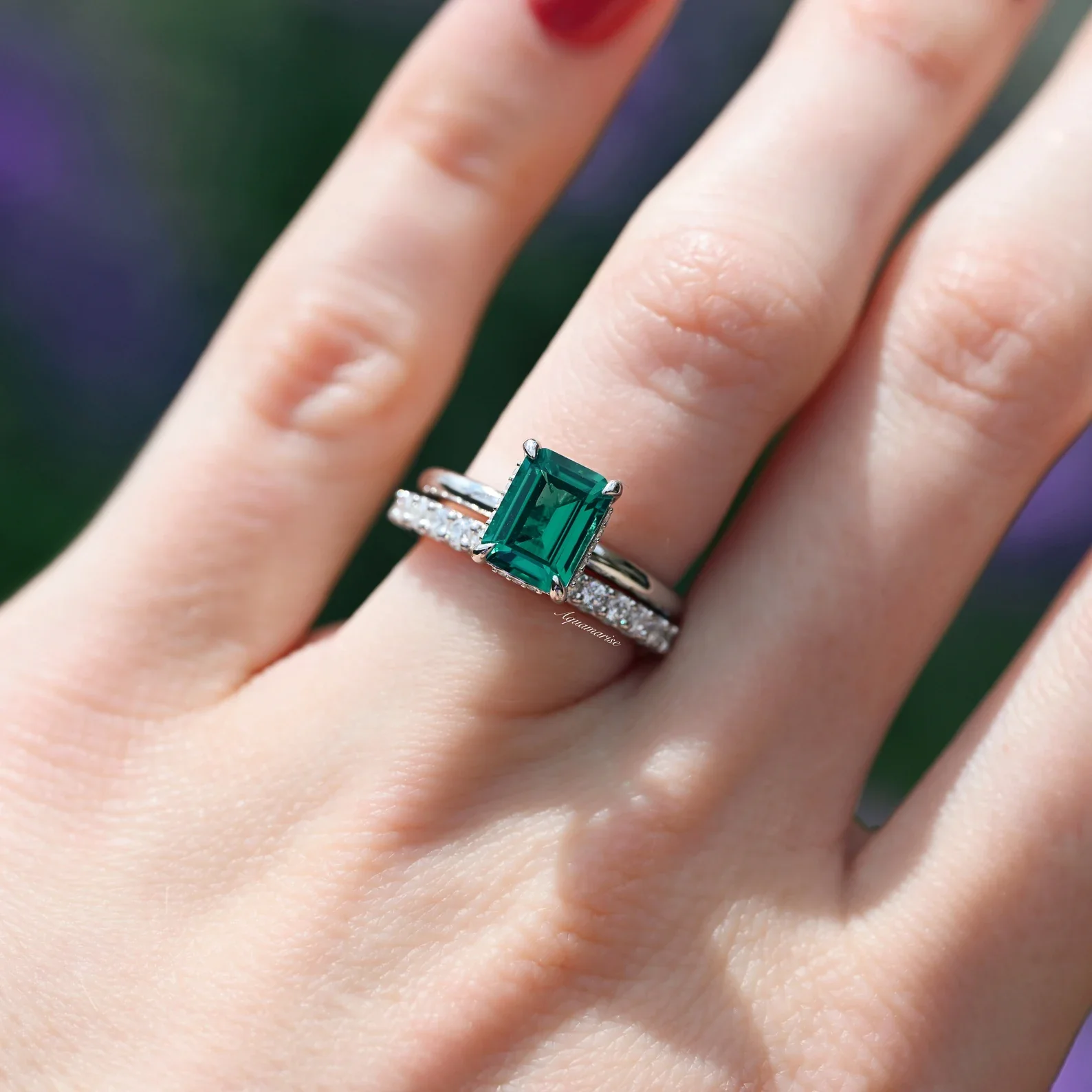 Emerald Engagement Ring in 14K White Gold (Hidden Halo) - Image 5