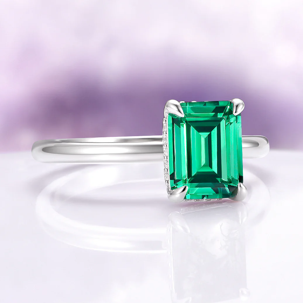 Emerald Engagement Ring in 14K White Gold (Hidden Halo) - Image 8