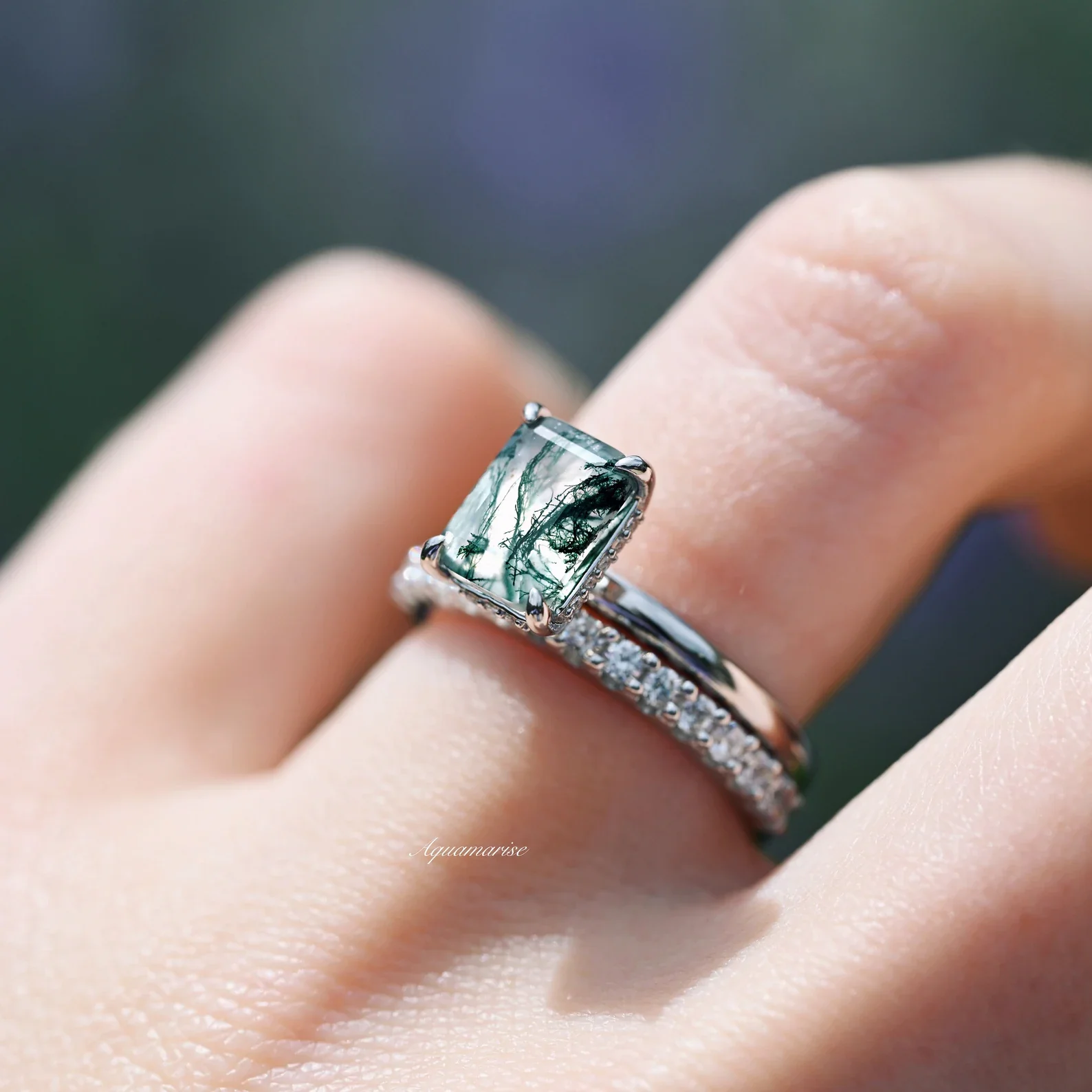 Moss Agate Engagement Ring in 14K White Gold (Hidden Halo) - Image 2