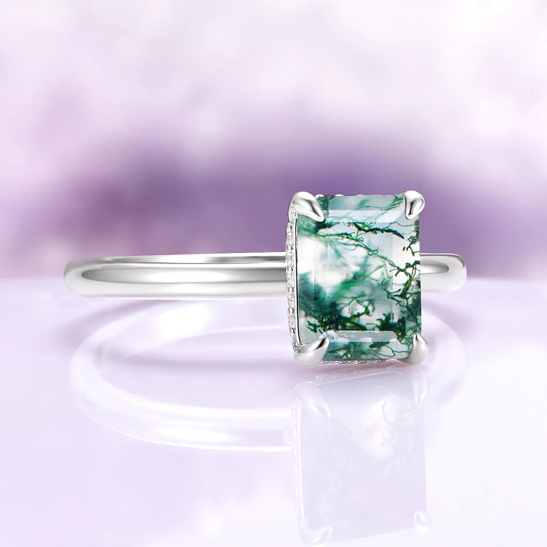 Moss Agate Engagement Ring in 14K White Gold (Hidden Halo) - Image 4