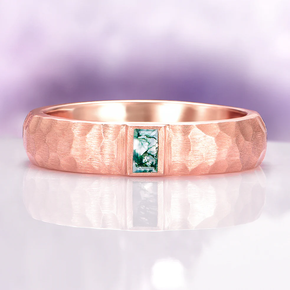 Moss Agate Hammered Wedding Band in 14K Solid Rose Gold (5.5mm)