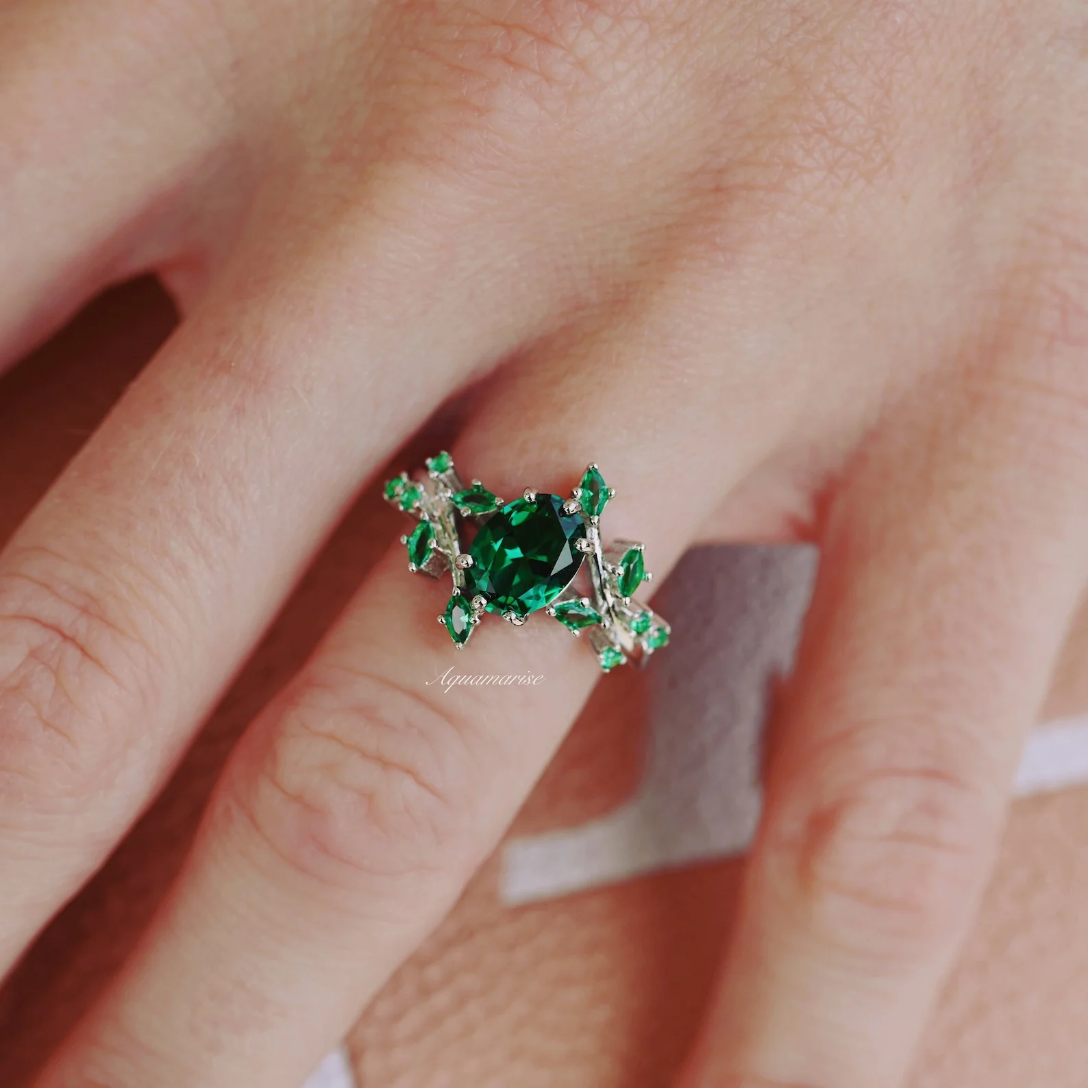 Oval Cut Lab-Grown Emerald Leaf Engagement Ring in 14K White Gold - Image 3