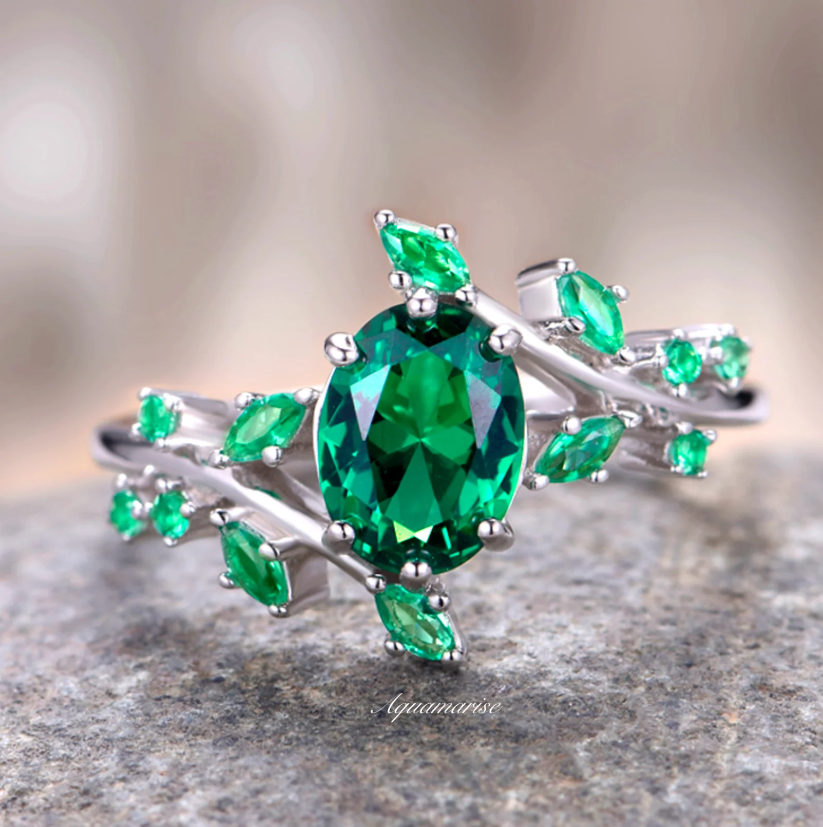 Emerald Leaf Engagement Ring in Sterling Silver - Image 7