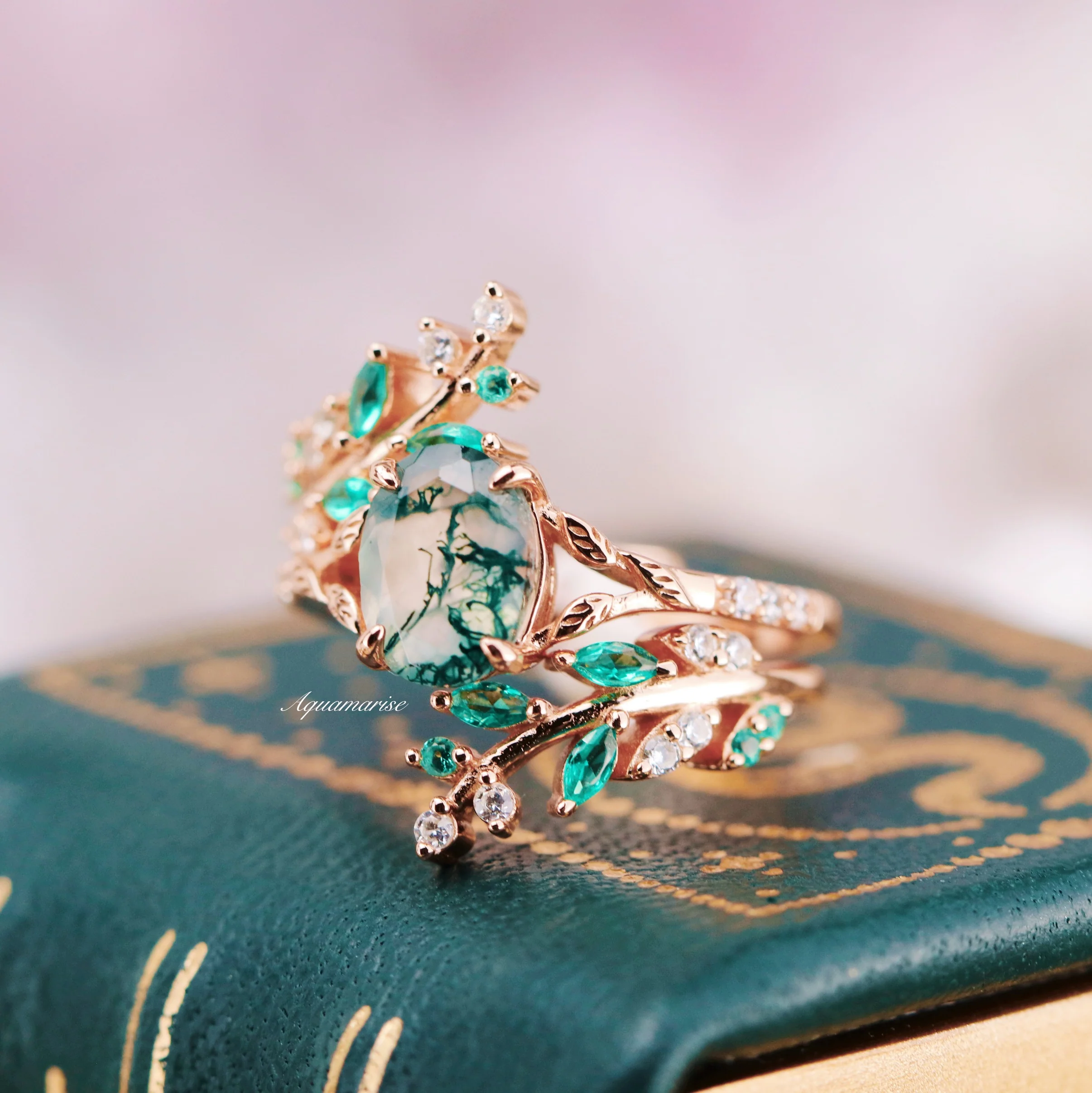 Emerald Leaf Ring Guard in 14K Solid Rose Gold - Image 12