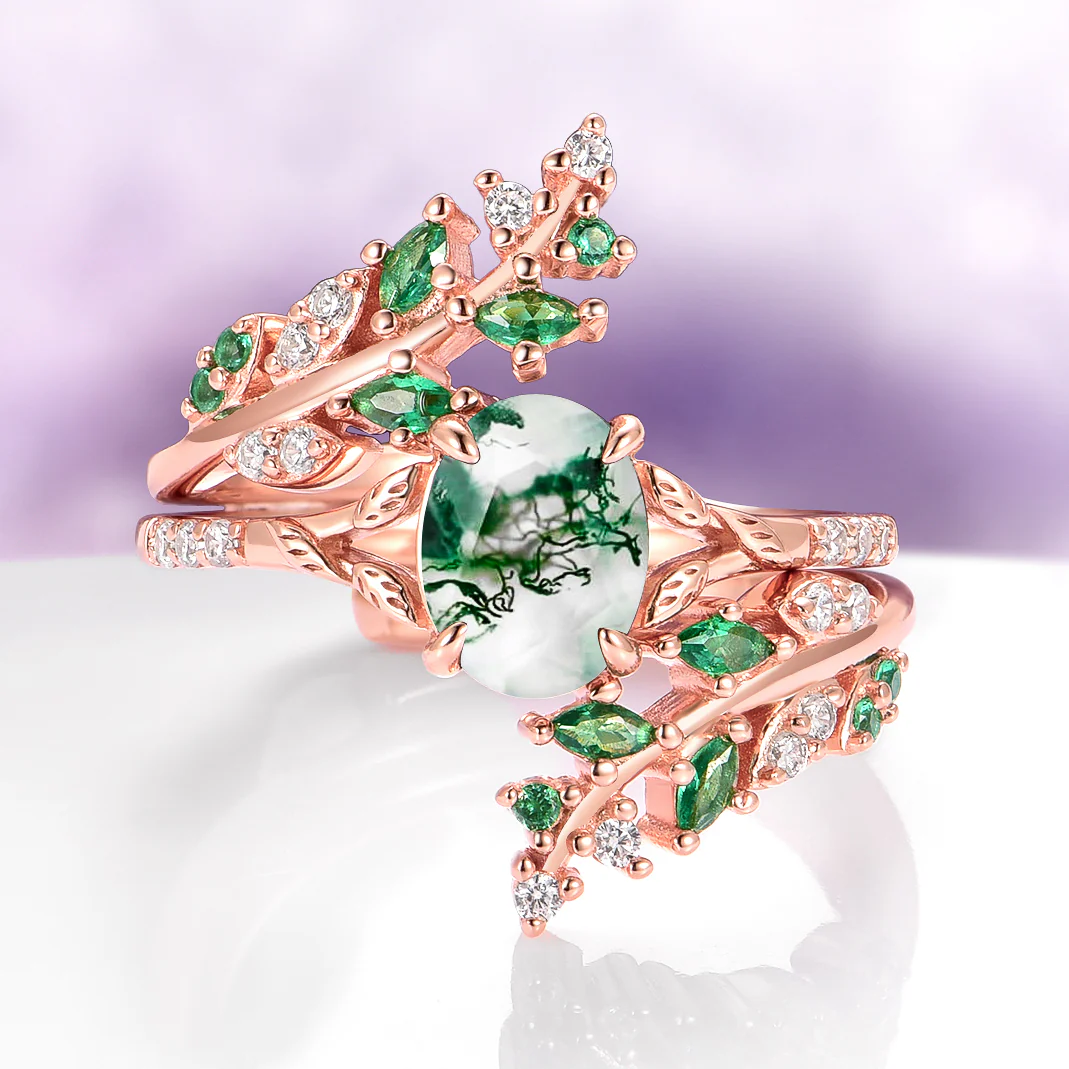 Green Moss Agate Leaf Engagement Ring in 14K Solid Rose Gold - Image 14