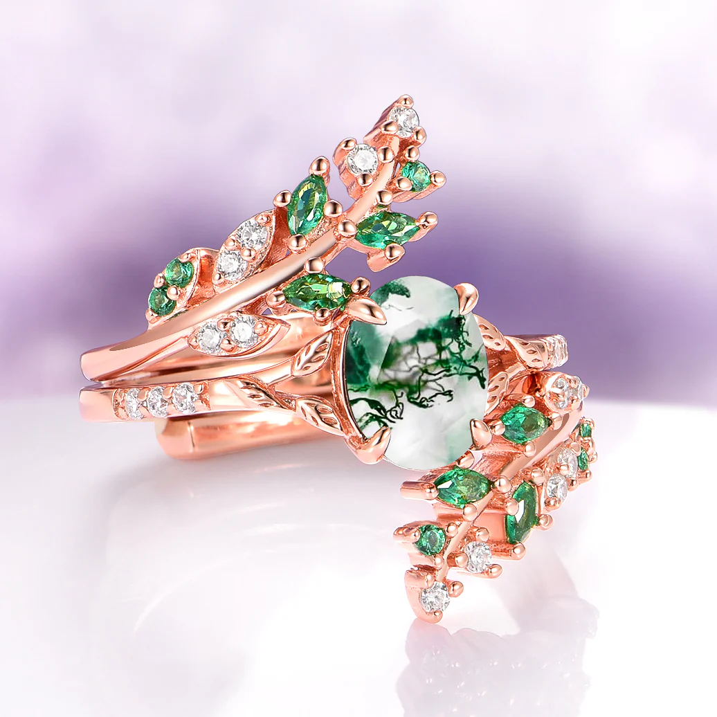 Green Moss Agate Leaf Engagement Ring in 14K Solid Rose Gold - Image 15