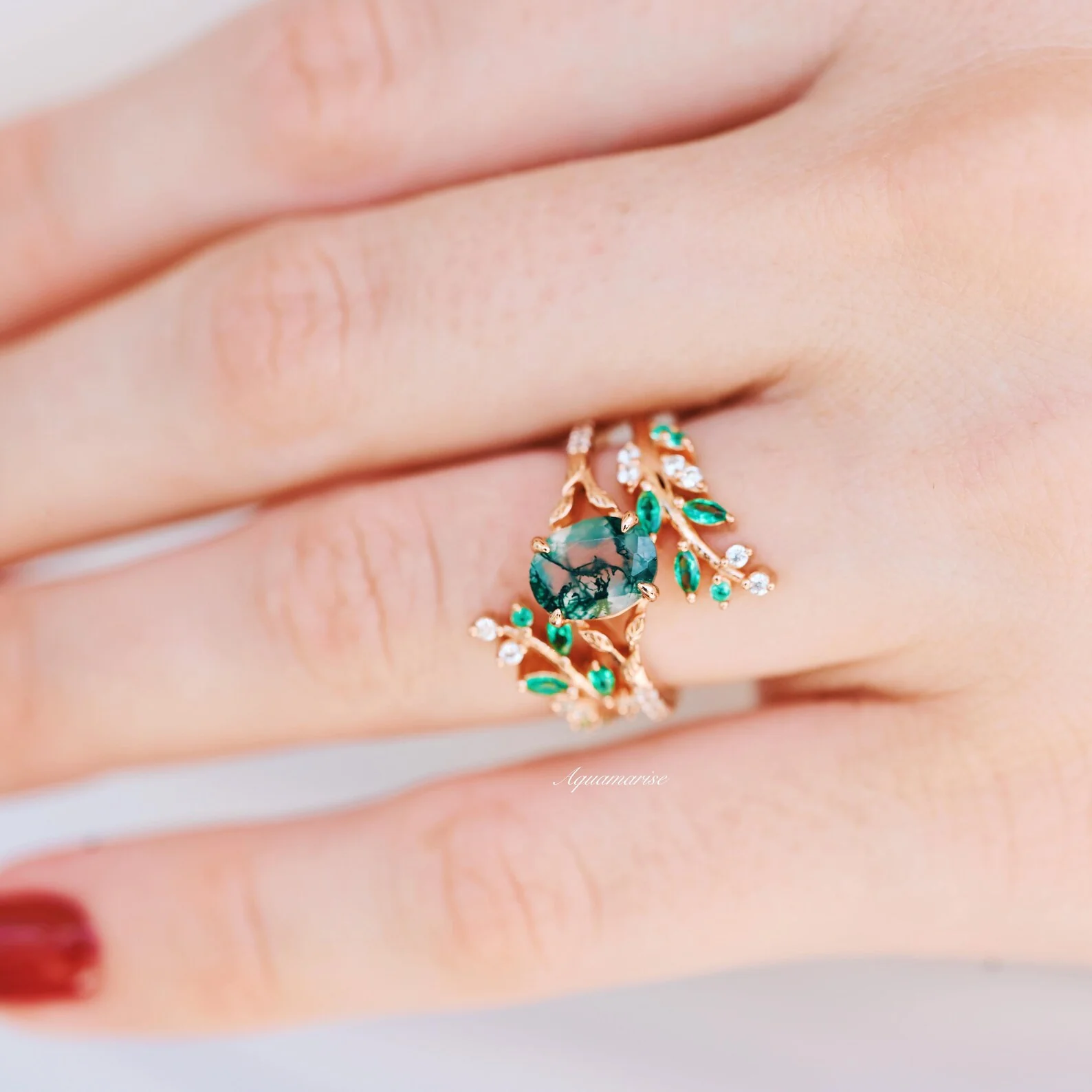 Green Moss Agate Leaf Engagement Ring in 14K Solid Rose Gold - Image 6