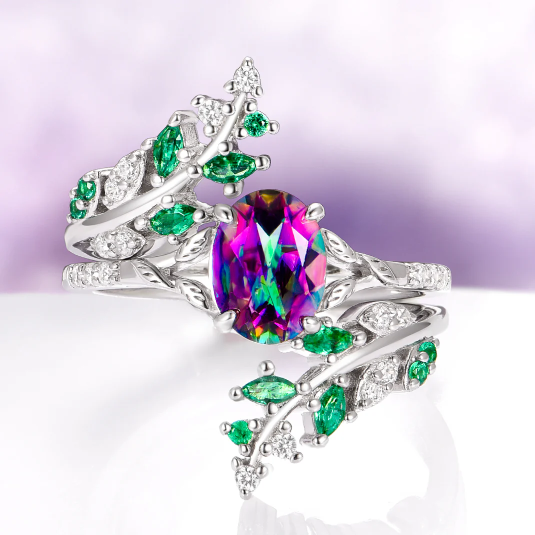 Mystic Topaz & Galaxy Opal Leaf Couples Ring Set - Image 5