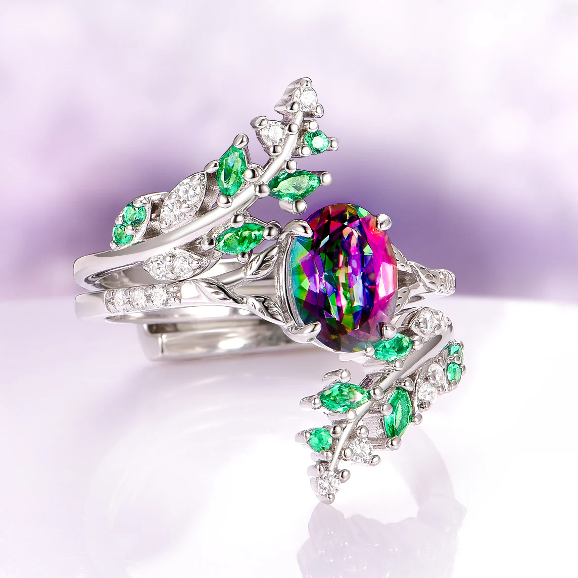 Mystic Topaz & Galaxy Opal Leaf Couples Ring Set - Image 6
