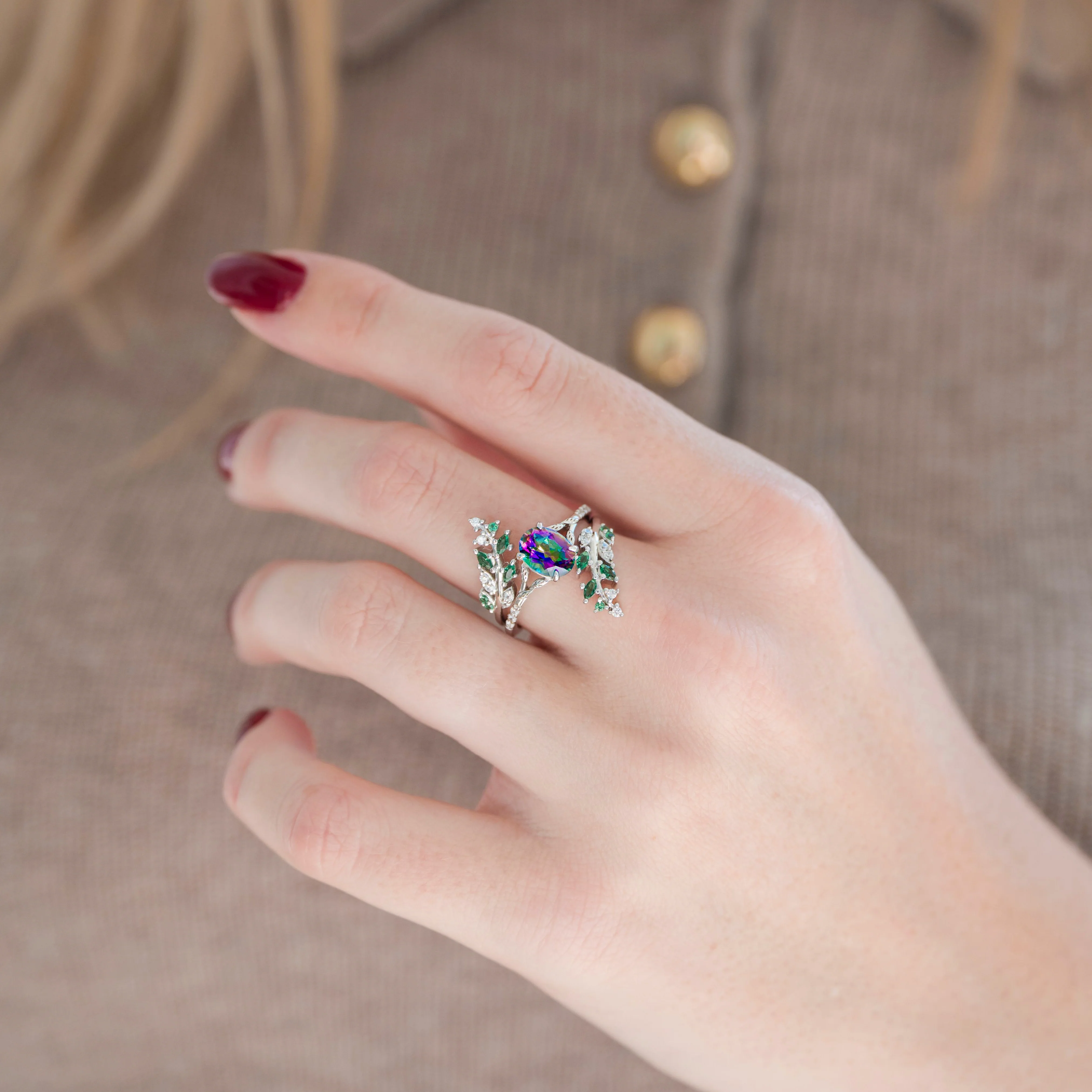 Mystic Topaz & Galaxy Opal Leaf Couples Ring Set - Image 7
