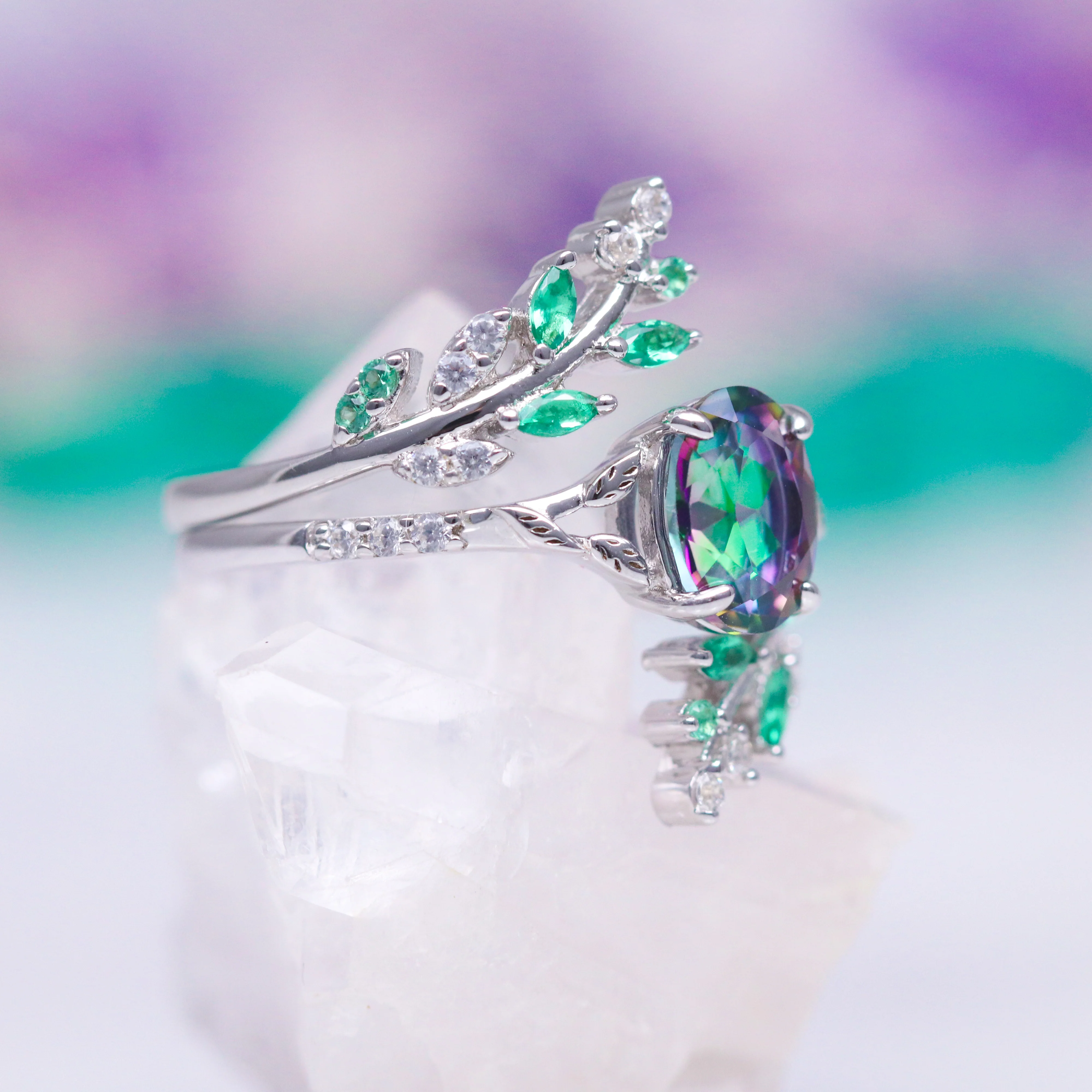 Emerald Leaf Ring Guard in 14K White Gold - Image 8